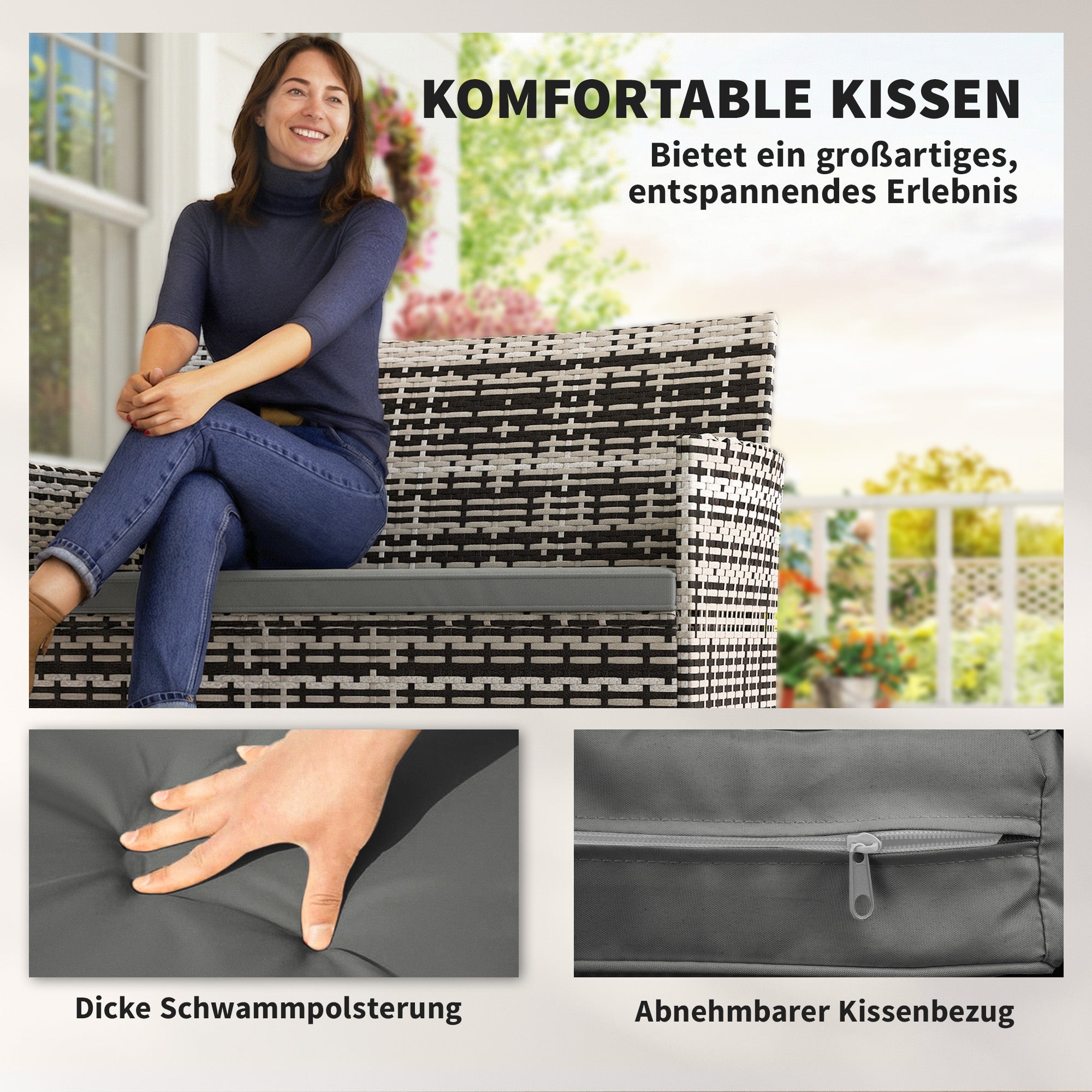 2-Seater Rattan Garden Sofa with Cushions — Weatherproof Outdoor Loveseat, Light Gray