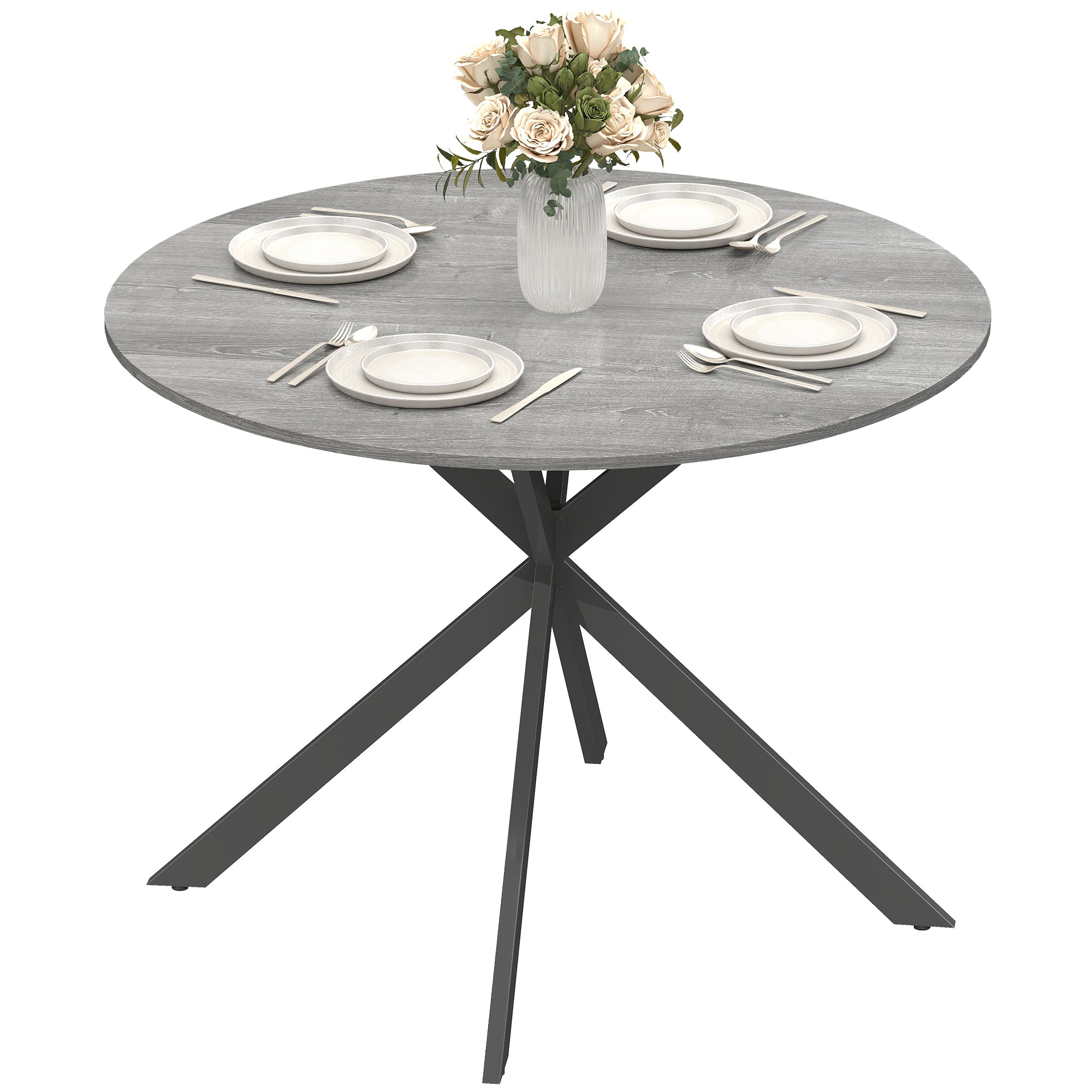 Round Dining Table for 4, 39.4" (100 cm) Industrial Style with Steel X-Legs, Gray