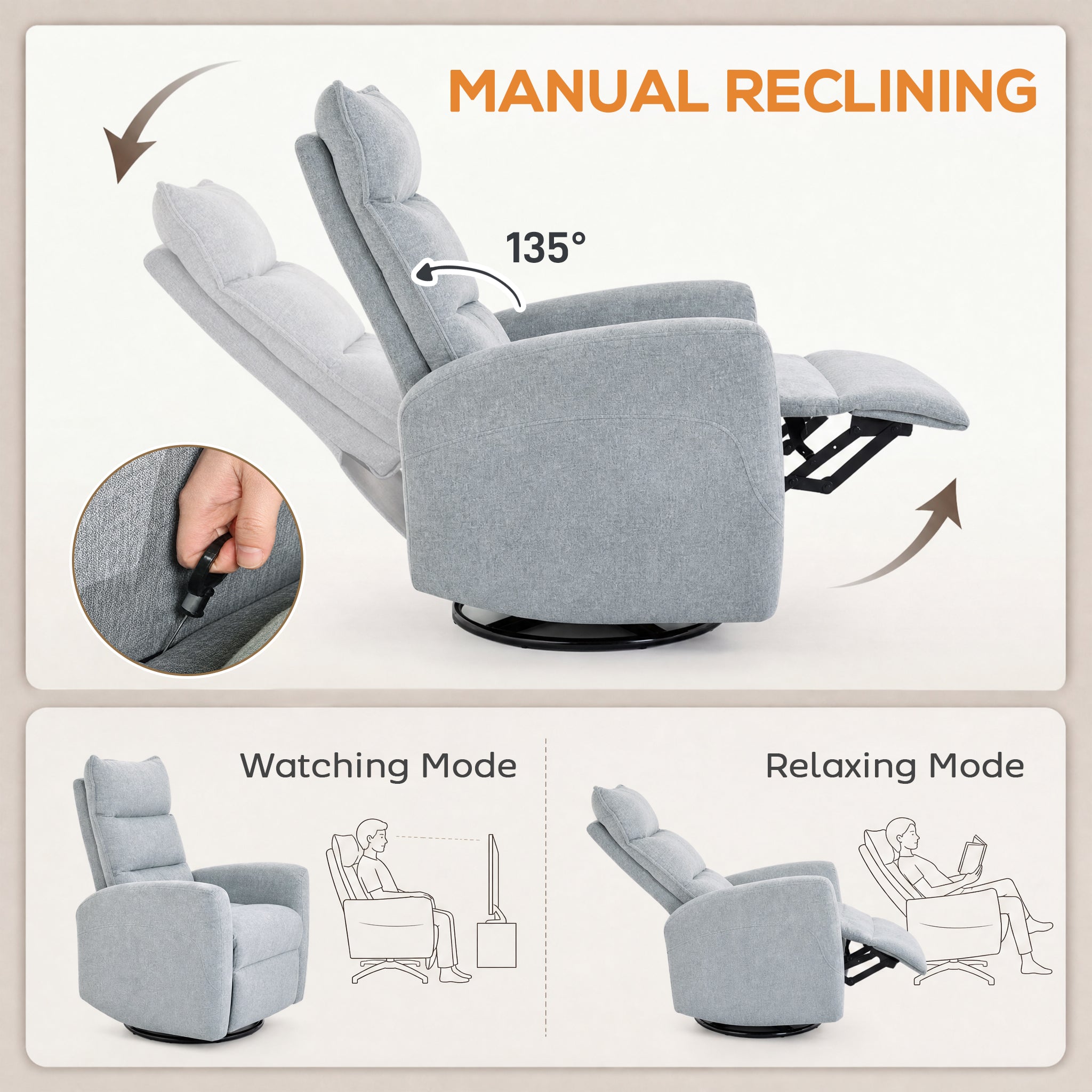 Recliner Chair with Footrest – Swivel, Rocking & 135° Recline, Wide Deep Seat, Scratch-Resistant Fabric, Light Gray