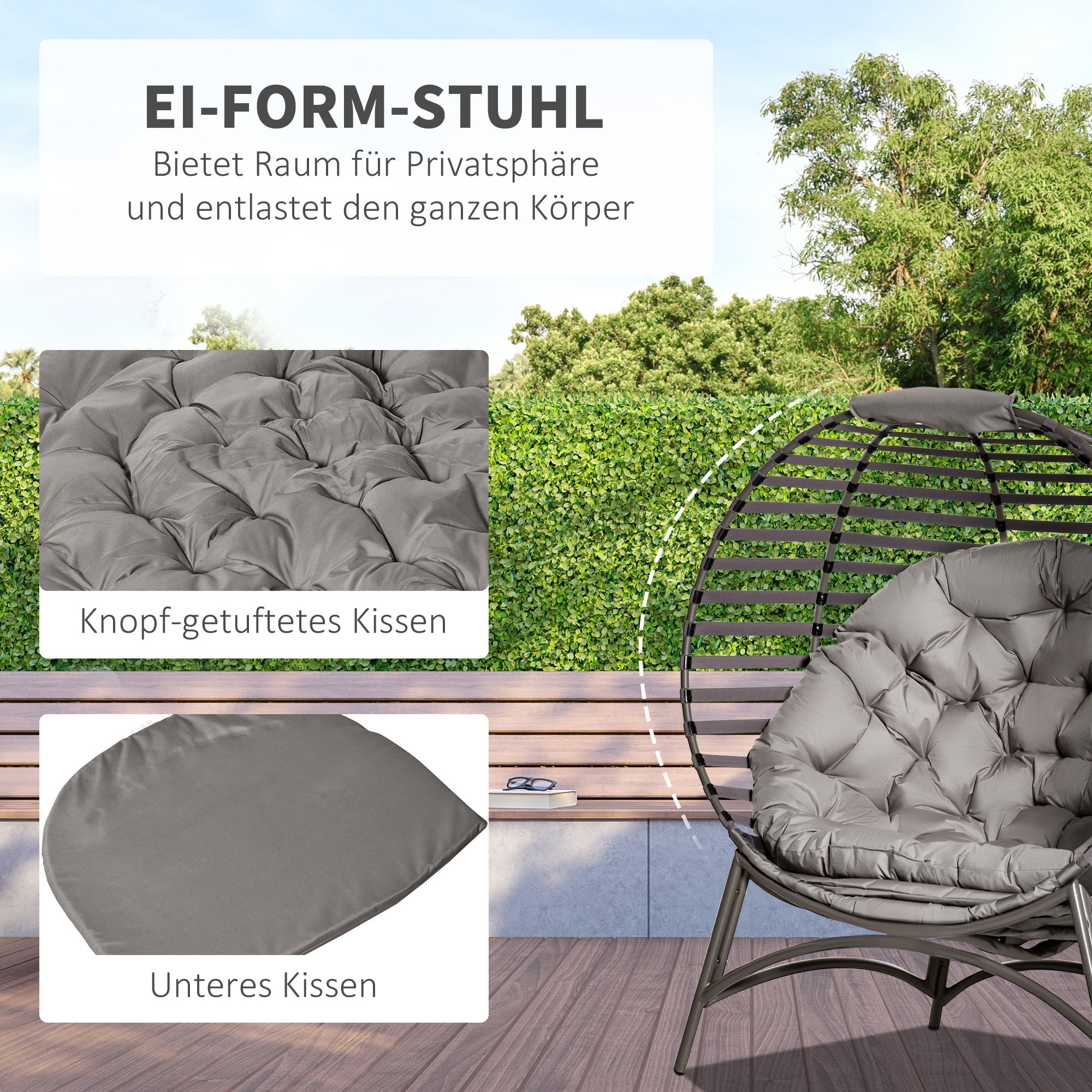 Papasan Chair Garden Chair 2-Basket Chair with Cushions Oval Lounge Chair Basket Foldable Balcony Terrace Outdoor/Indoor Sand Steel 118 x 75 x 139 cm