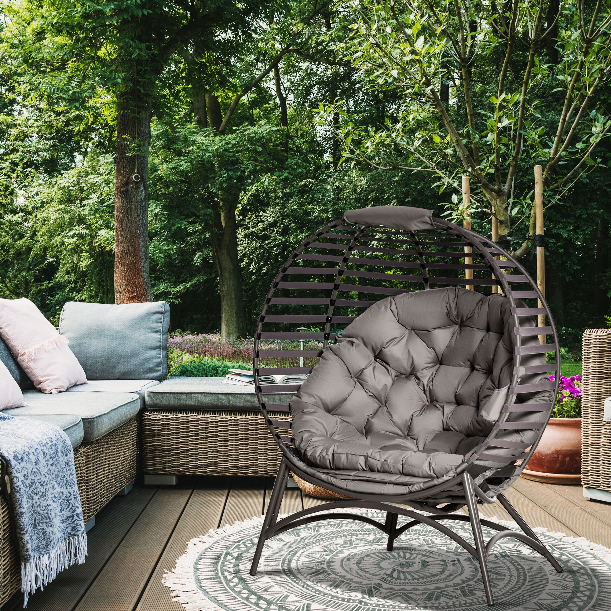 Papasan Chair Garden Chair 2-Basket Chair with Cushions Oval Lounge Chair Basket Foldable Balcony Terrace Outdoor/Indoor Sand Steel 118 x 75 x 139 cm