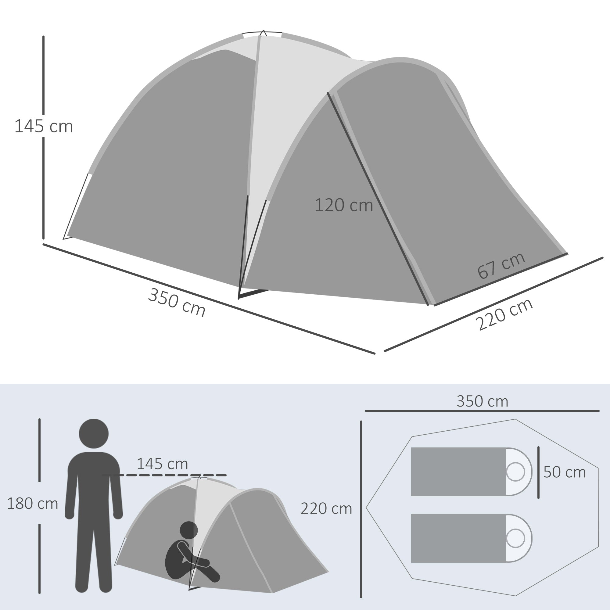Camping Tent for 2-3 People Fiberglass Zippered Door Mesh Windows incl. Carrying Bag Dome Tent 190T Faux Leather 2000mm Fiberglass Grey