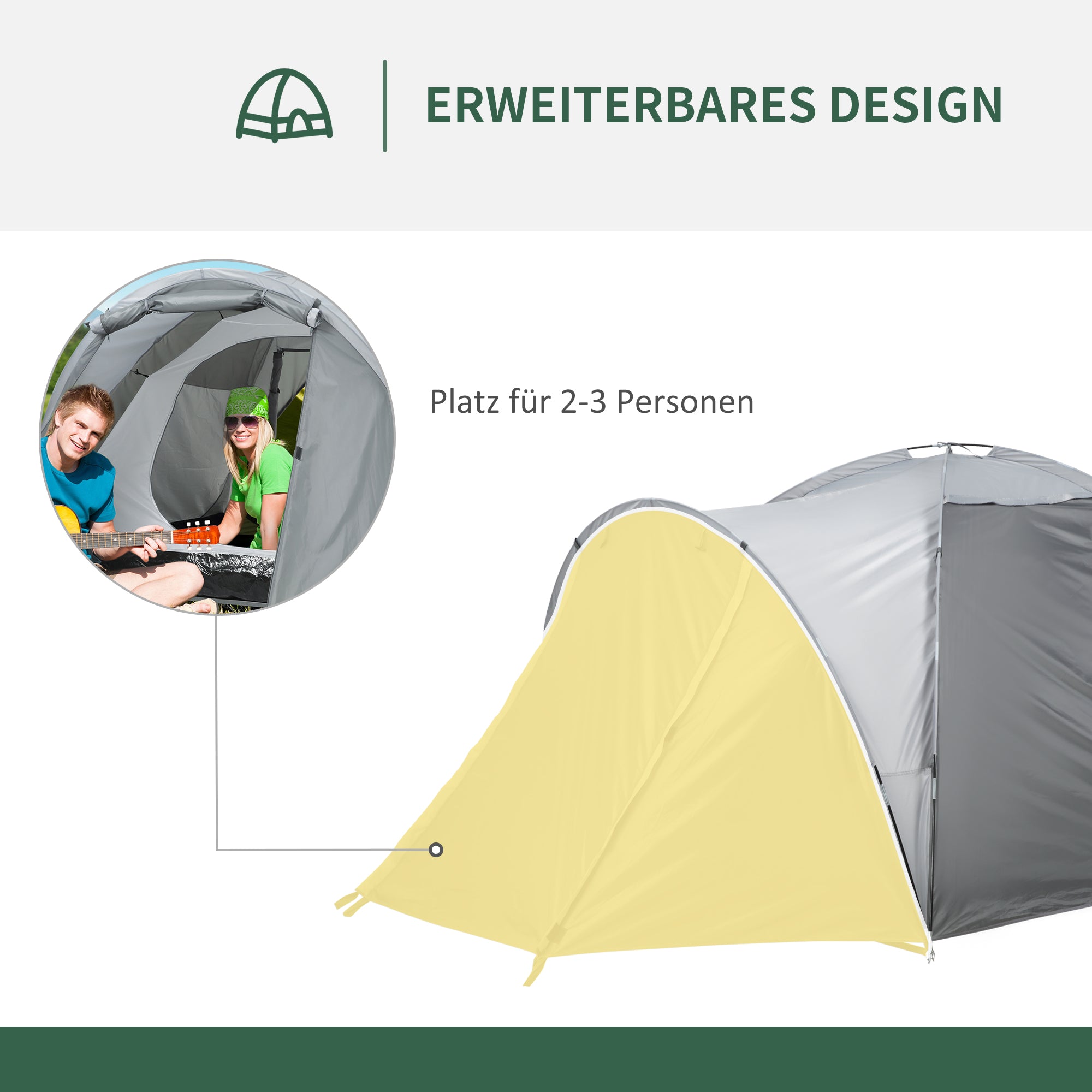 Camping Tent for 2-3 People Fiberglass Zippered Door Mesh Windows incl. Carrying Bag Dome Tent 190T Faux Leather 2000mm Fiberglass Grey