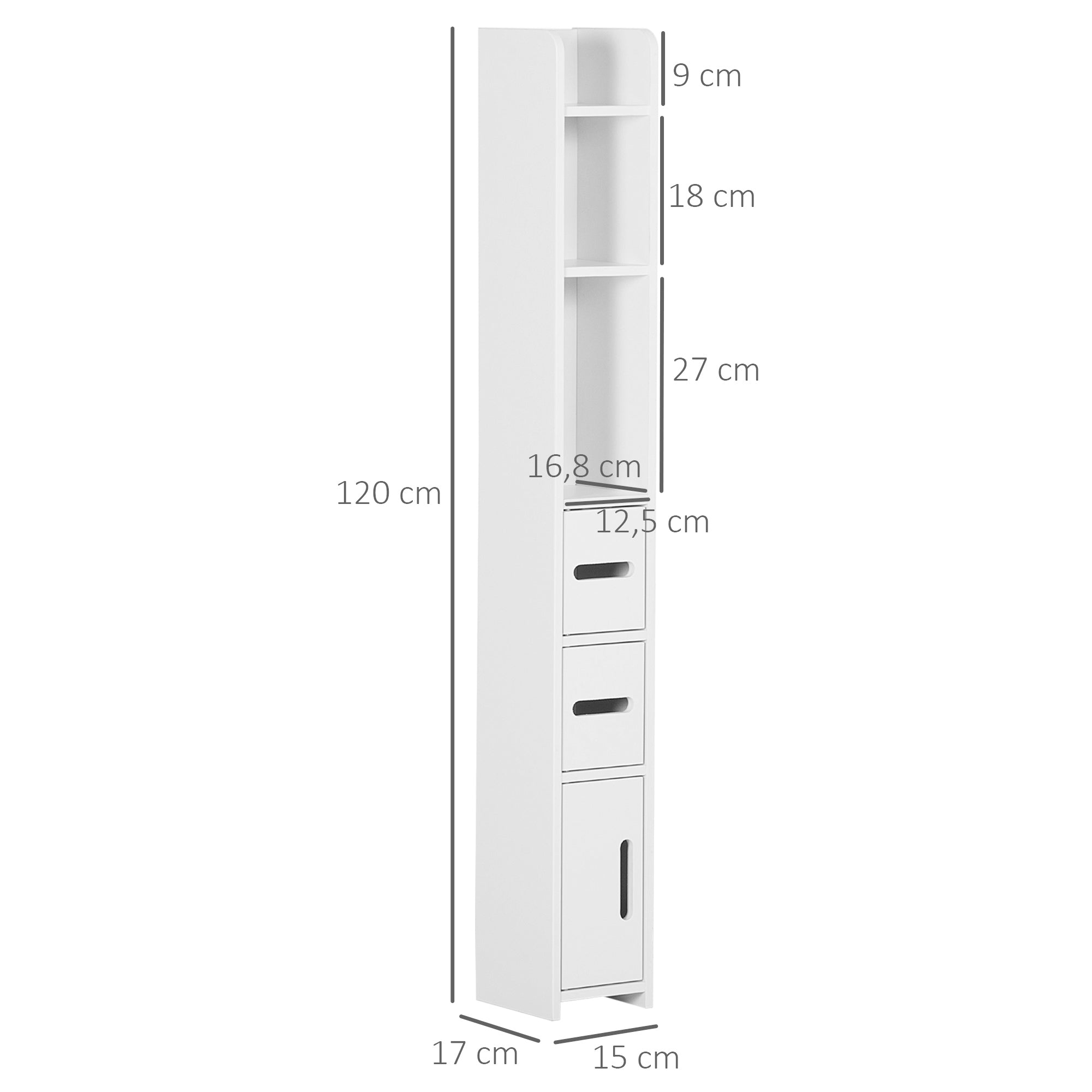 Bathroom Column Cabinet with 3 Doors 3 Open Shelves and Anti-Tilt System Modern Style 15x17x120 cm White