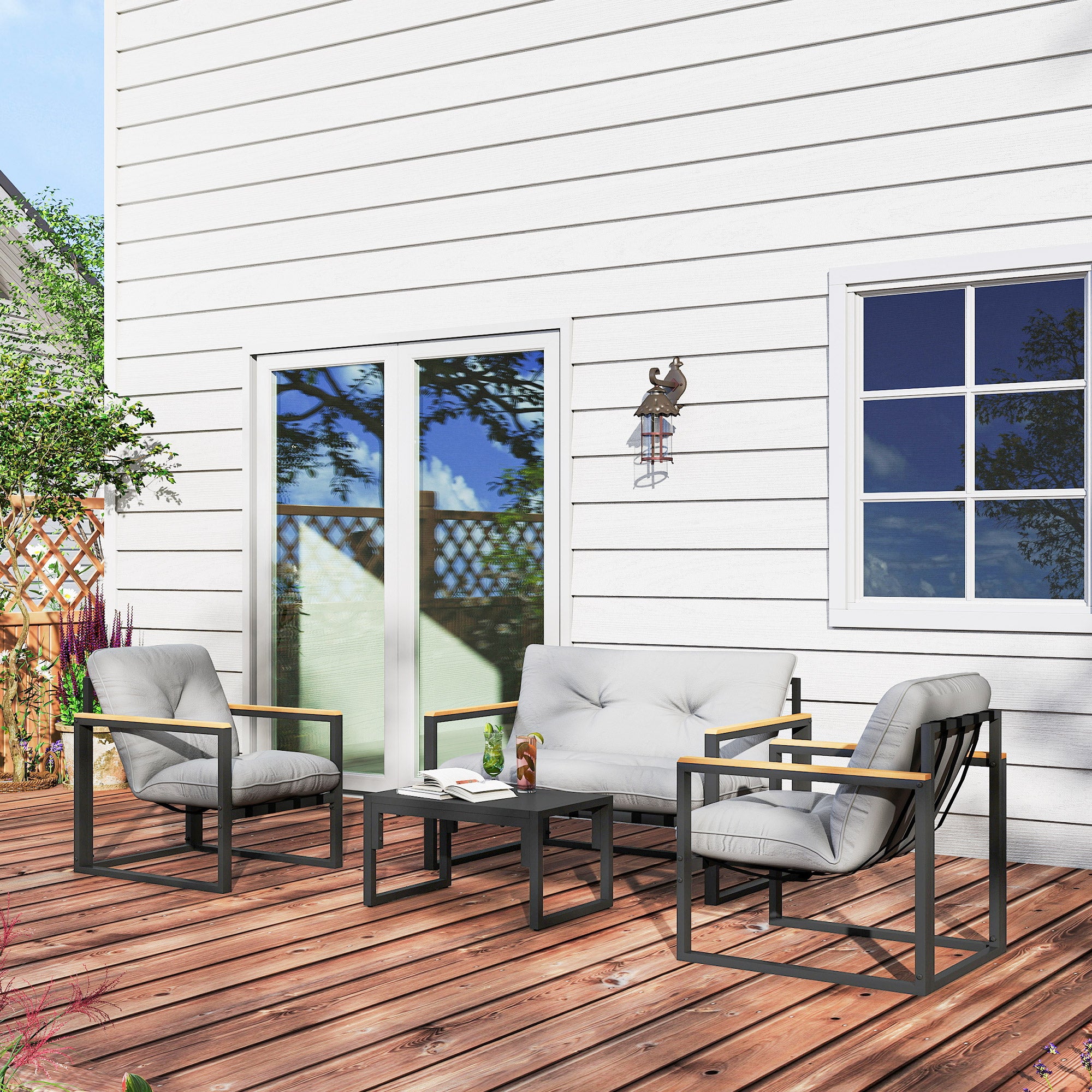Garden Furniture Set 4 Persons Weatherproof Balcony Furniture Set with 2-Seater Sofa, Armchair Seat Cushion Side Table Outdoor Seating Group Patio Furniture Garden Lounge for Garden Balcony Light Grey