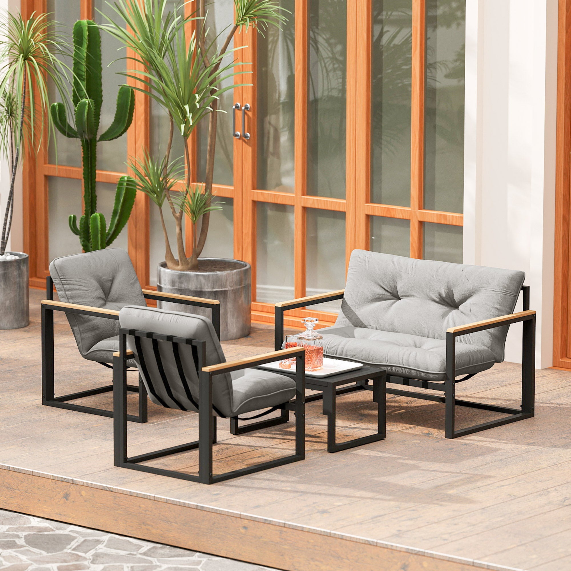 Garden Furniture Set 4 Persons Weatherproof Balcony Furniture Set with 2-Seater Sofa, Armchair Seat Cushion Side Table Outdoor Seating Group Patio Furniture Garden Lounge for Garden Balcony Light Grey