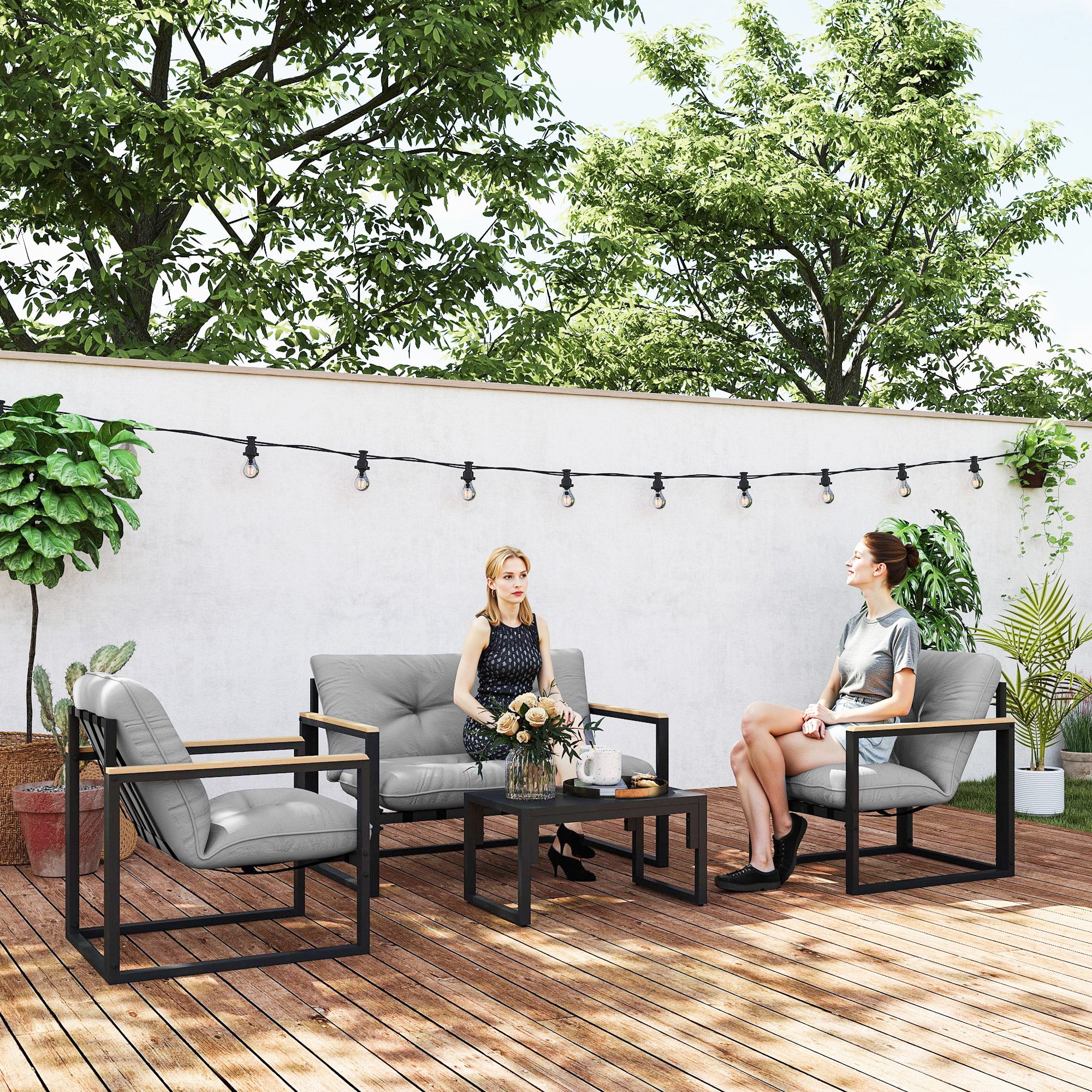Garden Furniture Set 4 Persons Weatherproof Balcony Furniture Set with 2-Seater Sofa, Armchair Seat Cushion Side Table Outdoor Seating Group Patio Furniture Garden Lounge for Garden Balcony Light Grey