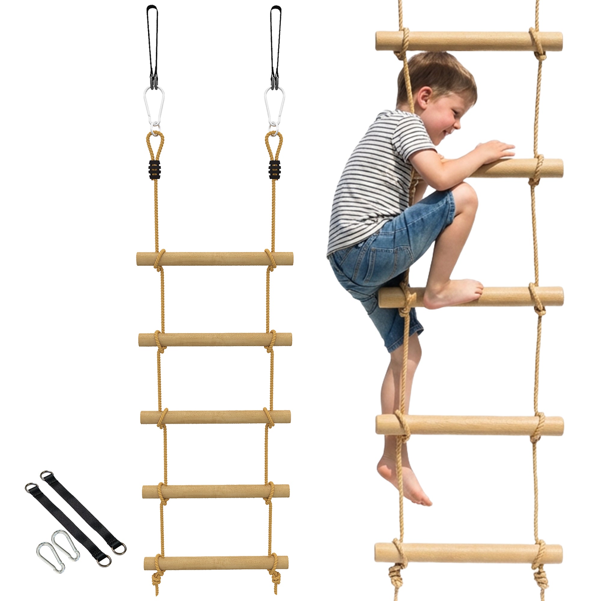 Ninja Line Kids 5-Rung Climbing Ladder & 1.8 m (5.9 ft) Slackline Set — Natural Wood, Includes 2 Carabiners & 2 Tree Straps (Ages 3–8)