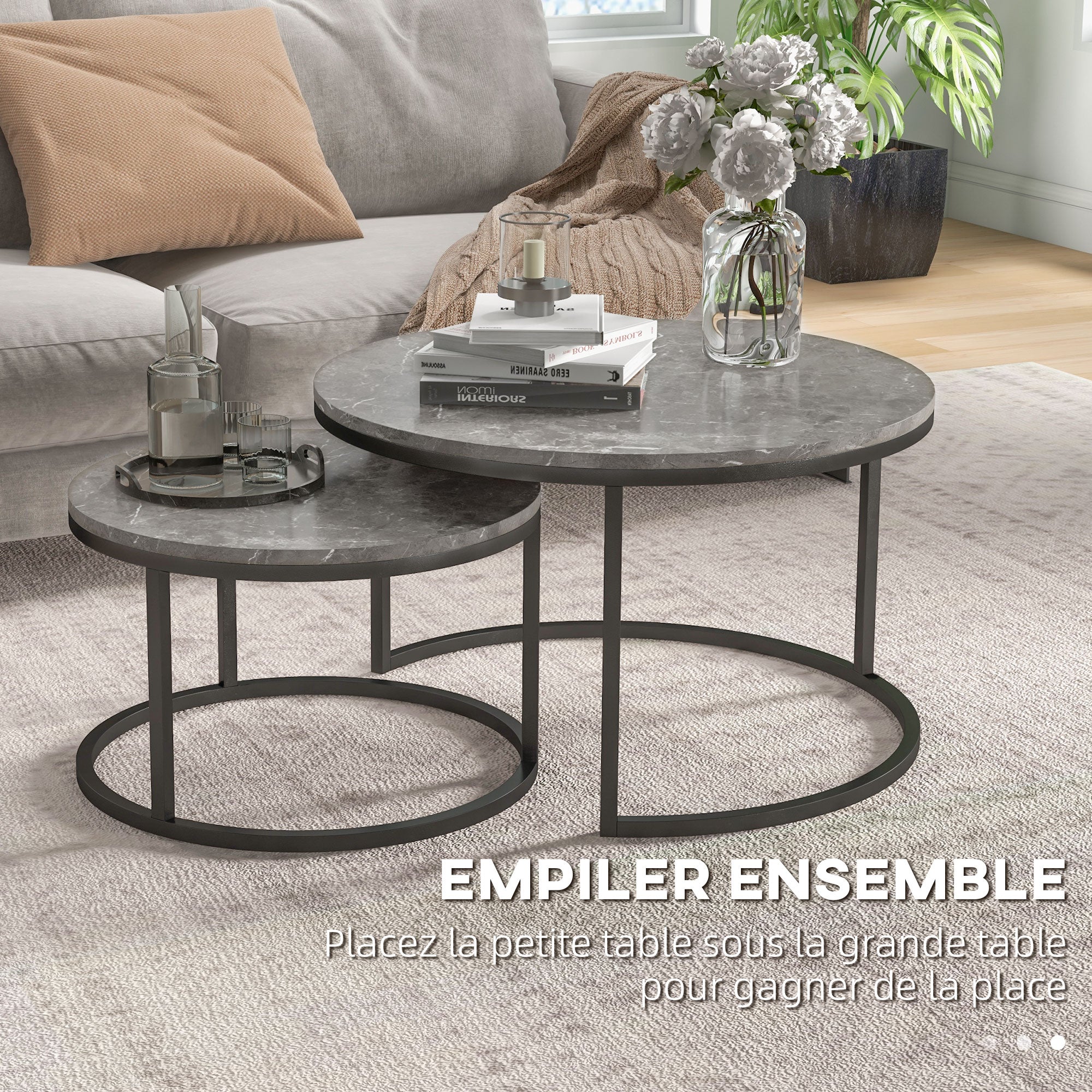 Set of 2 nestable coffee tables, round coffee table, stackable, industrial design, metal legs, gray