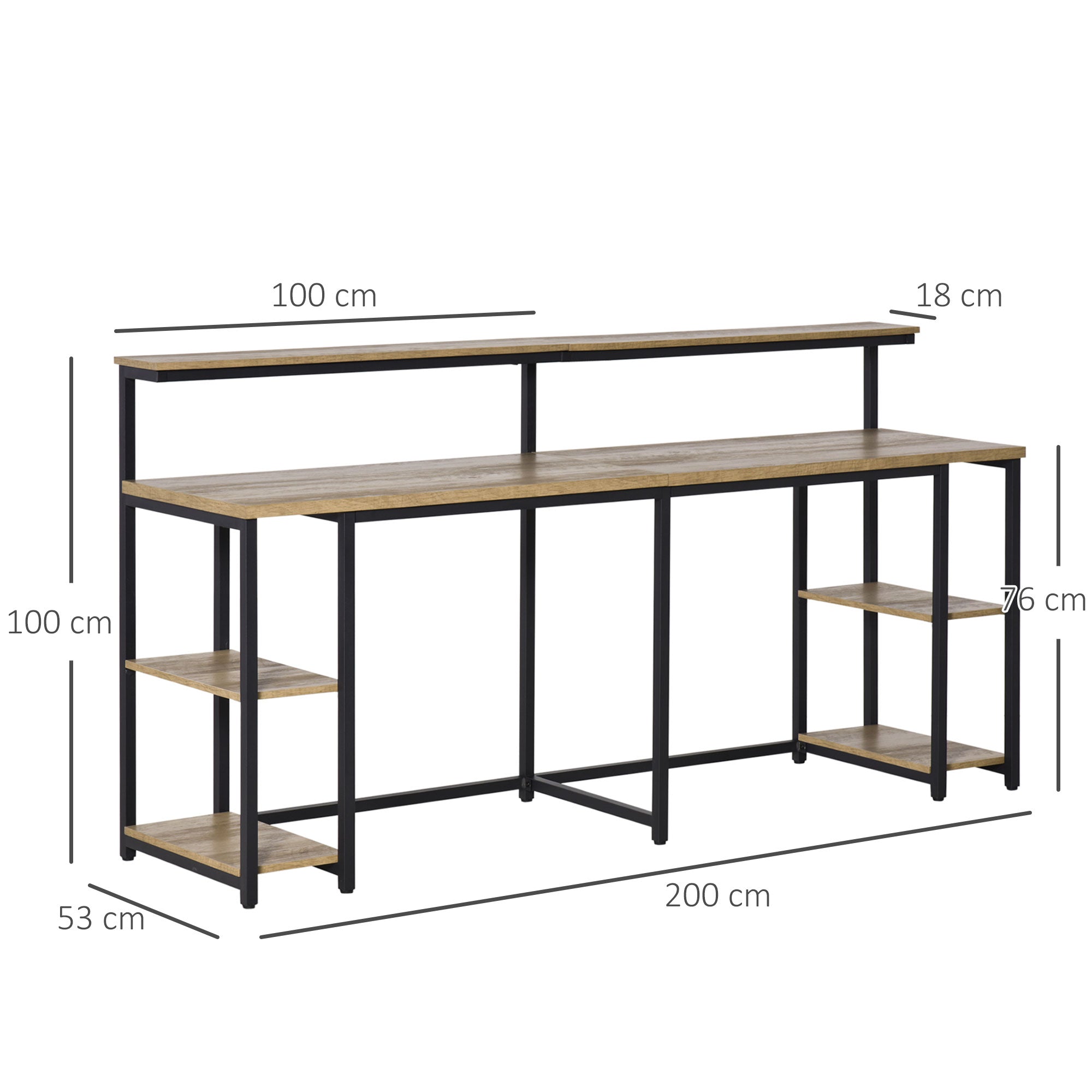 Double Desk with Shelves and Monitor Shelf in Industrial Style, Desk with Space-Saving Bookshelf for Office and Study in Metal and MDF, 200x53x100cm, Brown