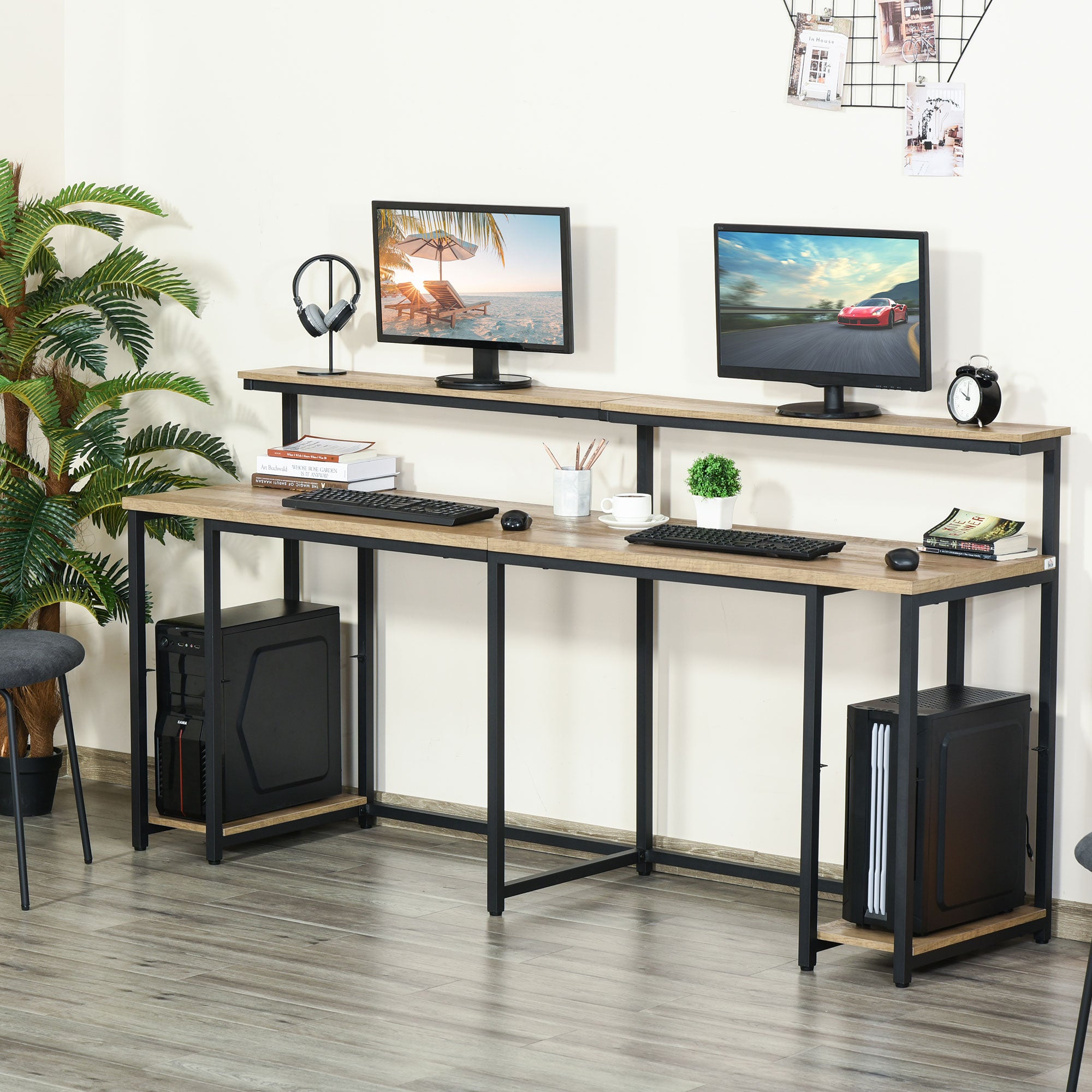 Double Desk with Shelves and Monitor Shelf in Industrial Style, Desk with Space-Saving Bookshelf for Office and Study in Metal and MDF, 200x53x100cm, Brown