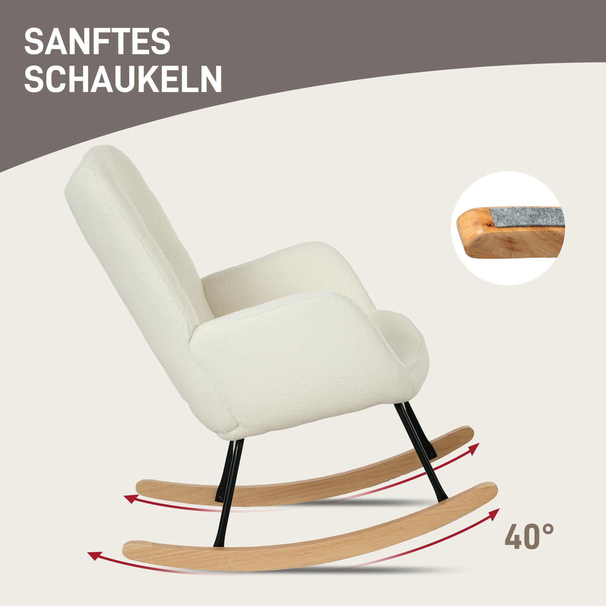Schaukelstuhl, Schaukelsessel mit Berbervliesoptik, Armlehne, Gepolsterter Sessel mit Holzkufen, Relaxsessel für Wohnzimmer, Schlafzimmer, bis 120kg belastbar, Weiß