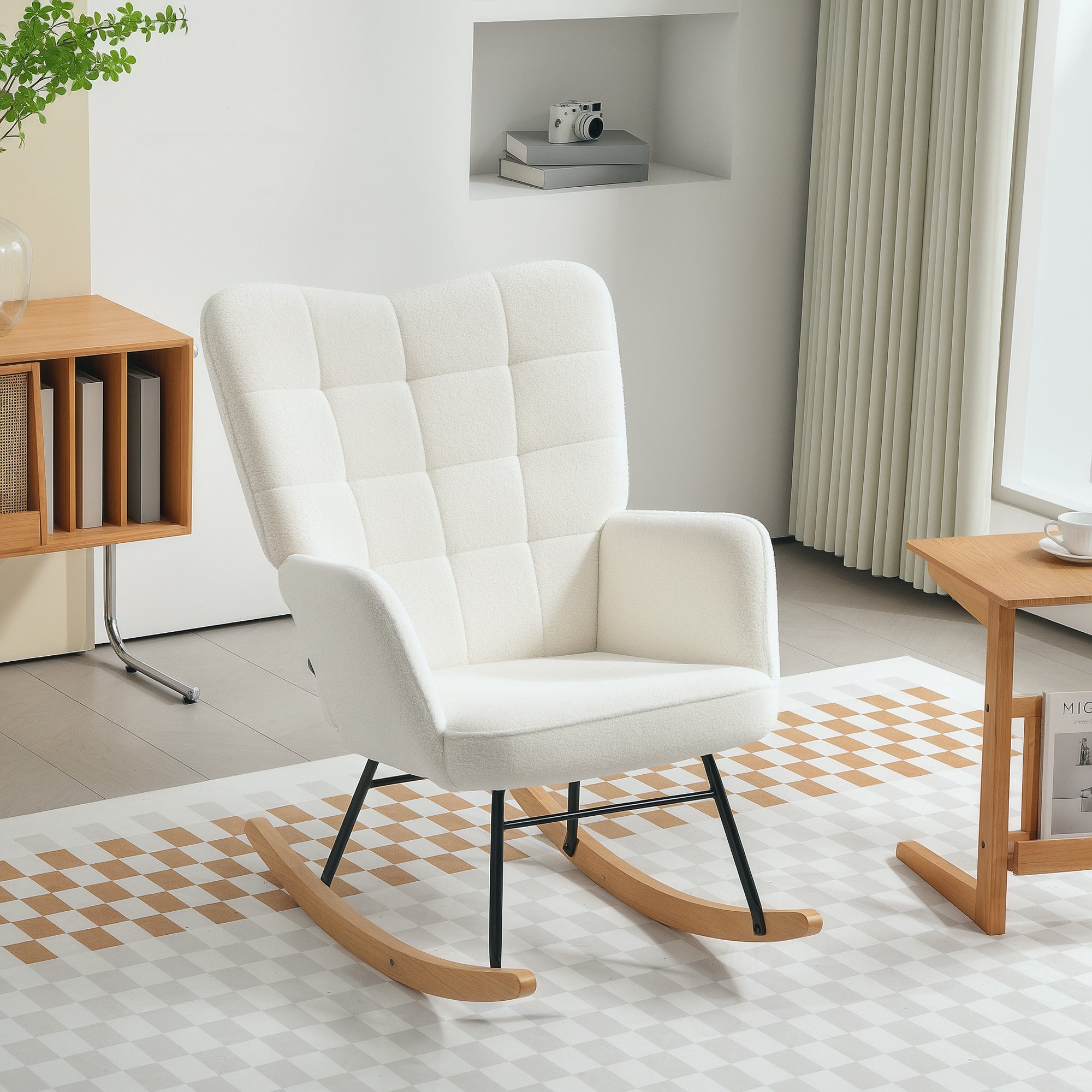 Schaukelstuhl, Schaukelsessel mit Berbervliesoptik, Armlehne, Gepolsterter Sessel mit Holzkufen, Relaxsessel für Wohnzimmer, Schlafzimmer, bis 120kg belastbar, Weiß