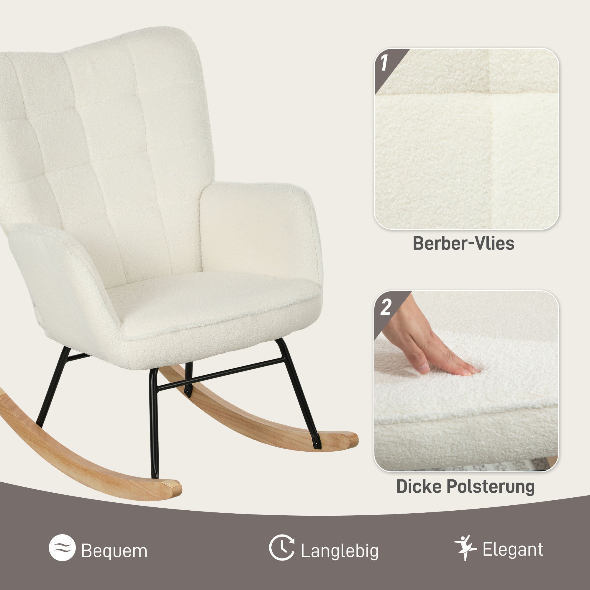 Schaukelstuhl, Schaukelsessel mit Berbervliesoptik, Armlehne, Gepolsterter Sessel mit Holzkufen, Relaxsessel für Wohnzimmer, Schlafzimmer, bis 120kg belastbar, Weiß