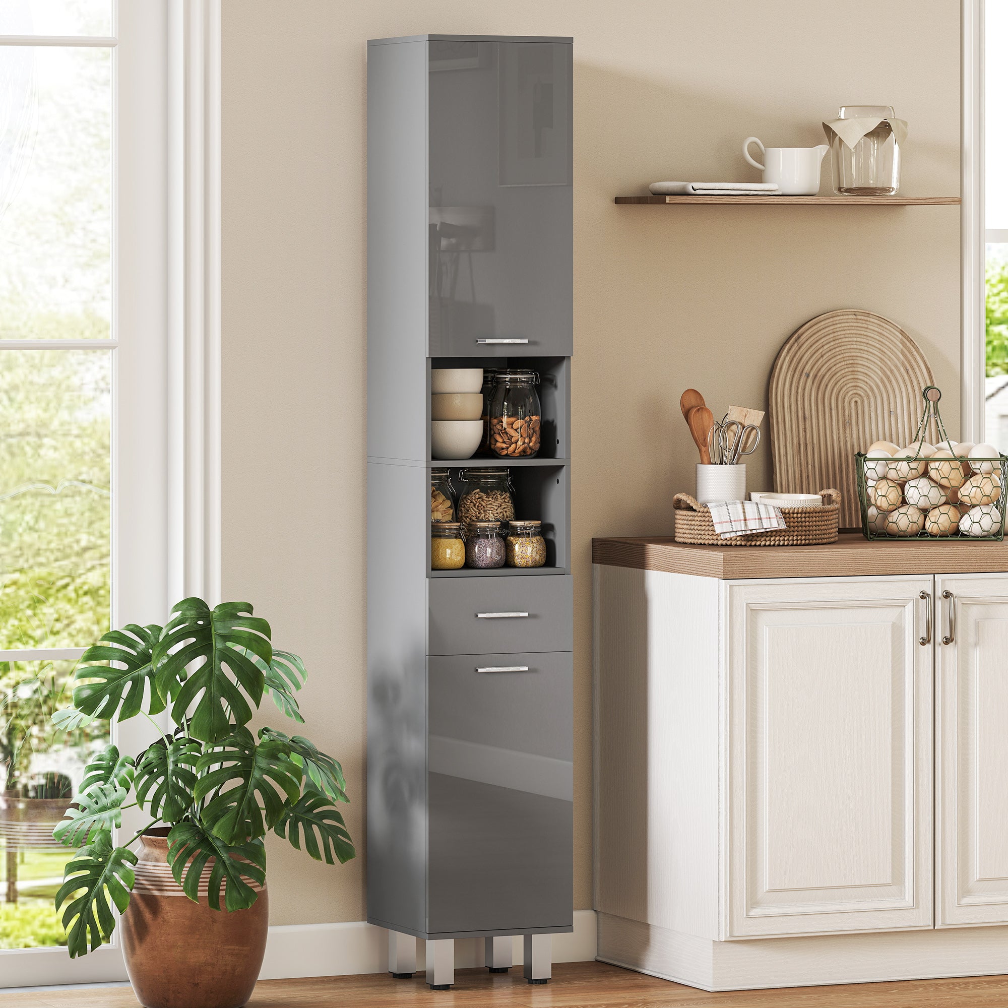 Slim Tall Bathroom Cabinet, High-Gloss Gray Drawer, Adjustable Shelves & 2 Open Compartments — 30 x 30 x 180 cm (11.8 x 11.8 x 70.9 in)