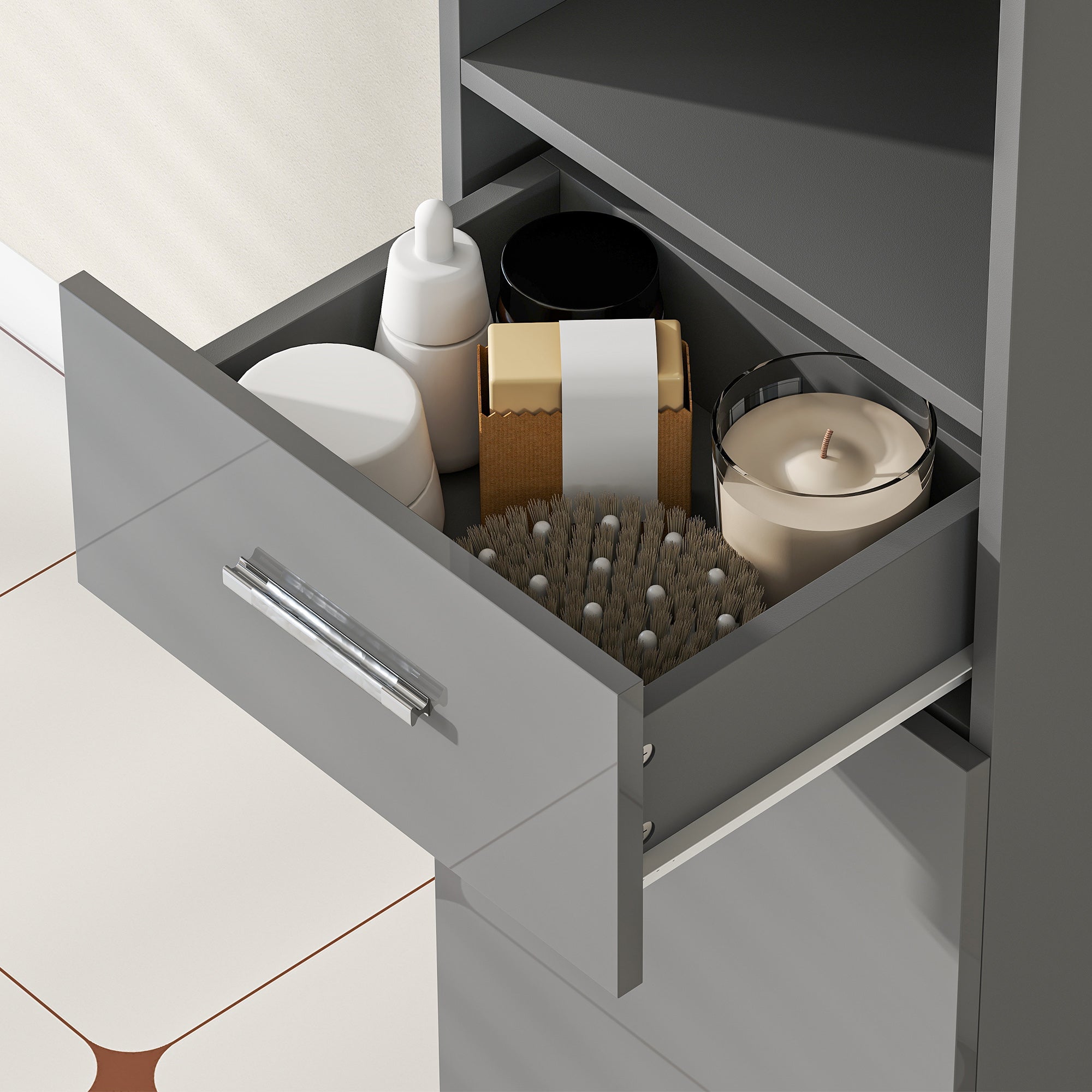 Slim Tall Bathroom Cabinet, High-Gloss Gray Drawer, Adjustable Shelves & 2 Open Compartments — 30 x 30 x 180 cm (11.8 x 11.8 x 70.9 in)