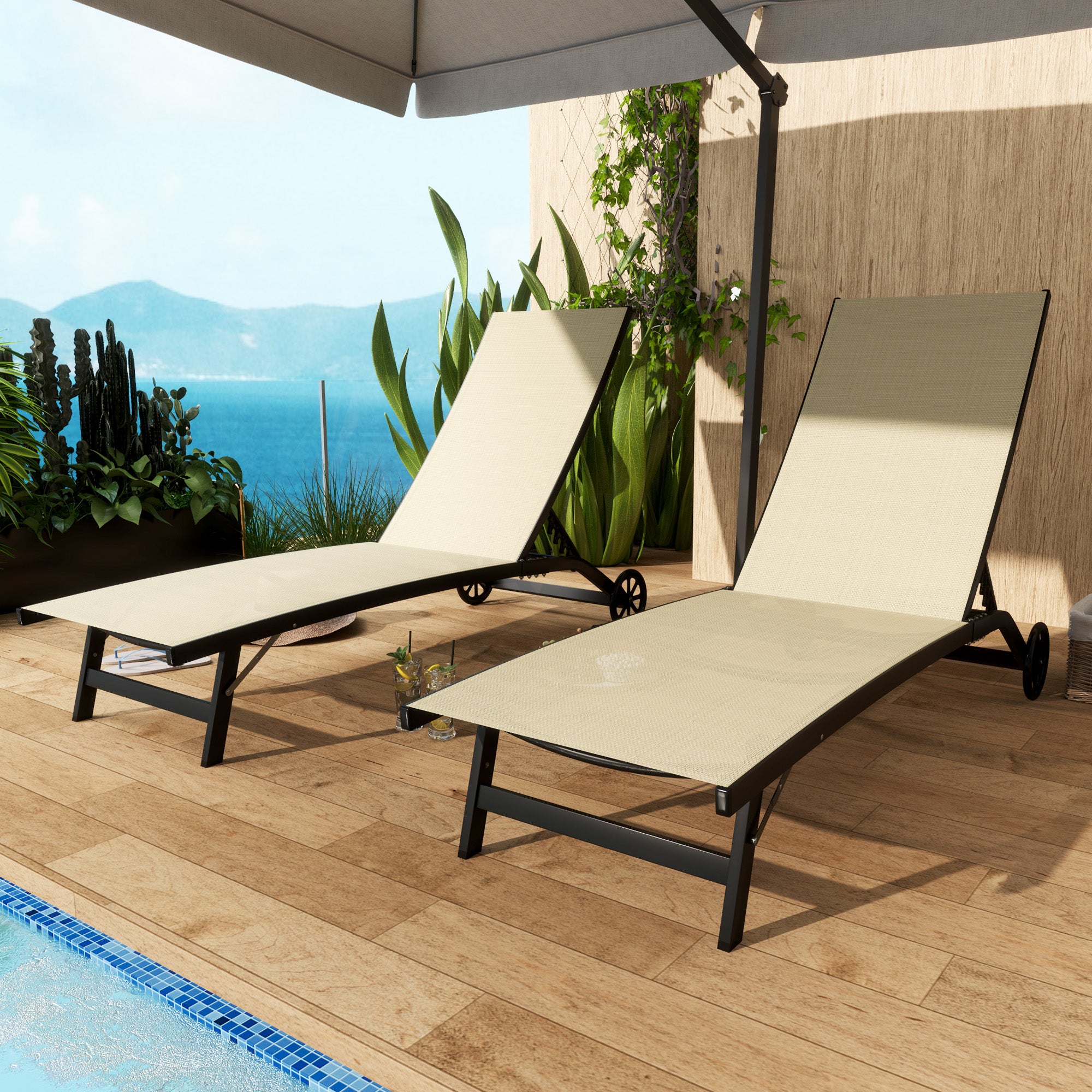 Set of 2 reclining sun loungers aluminum and textilene with wheels multi-position backrest max. load 150 kg khaki