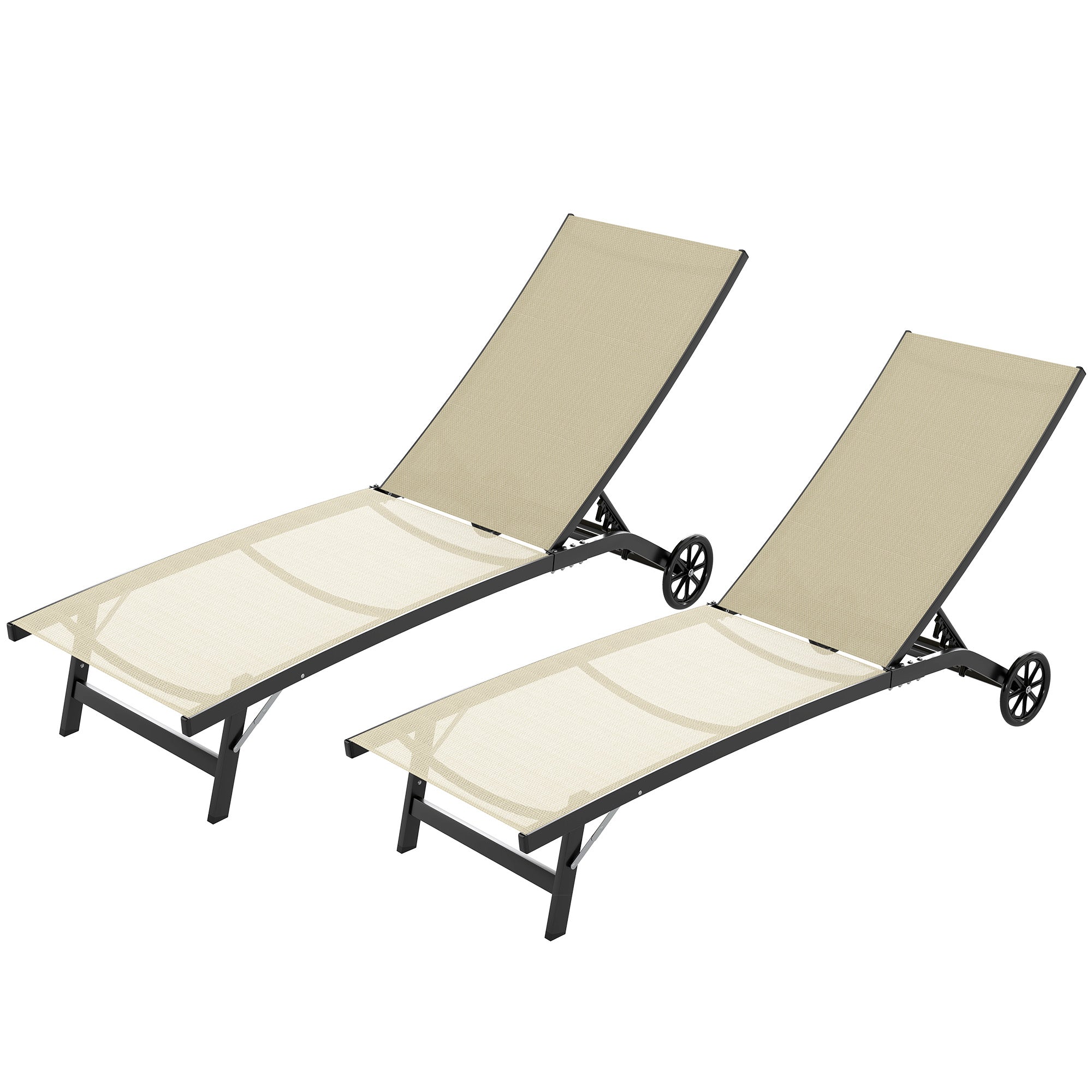 Set of 2 reclining sun loungers aluminum and textilene with wheels multi-position backrest max. load 150 kg khaki
