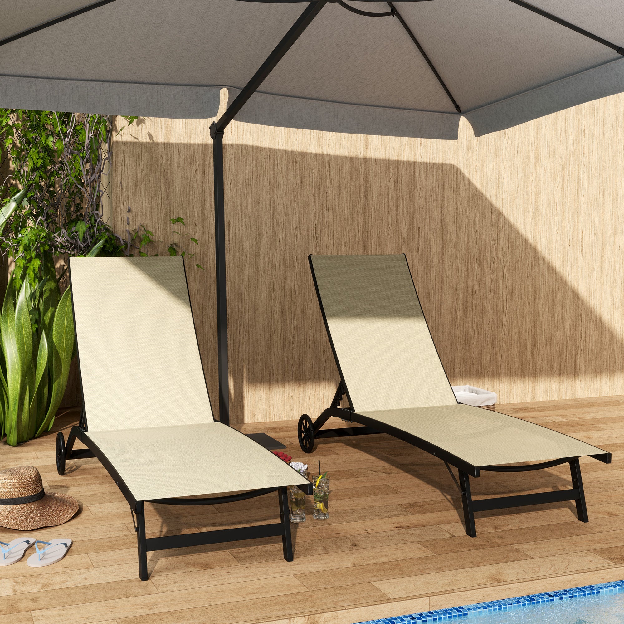 Set of 2 reclining sun loungers aluminum and textilene with wheels multi-position backrest max. load 150 kg khaki