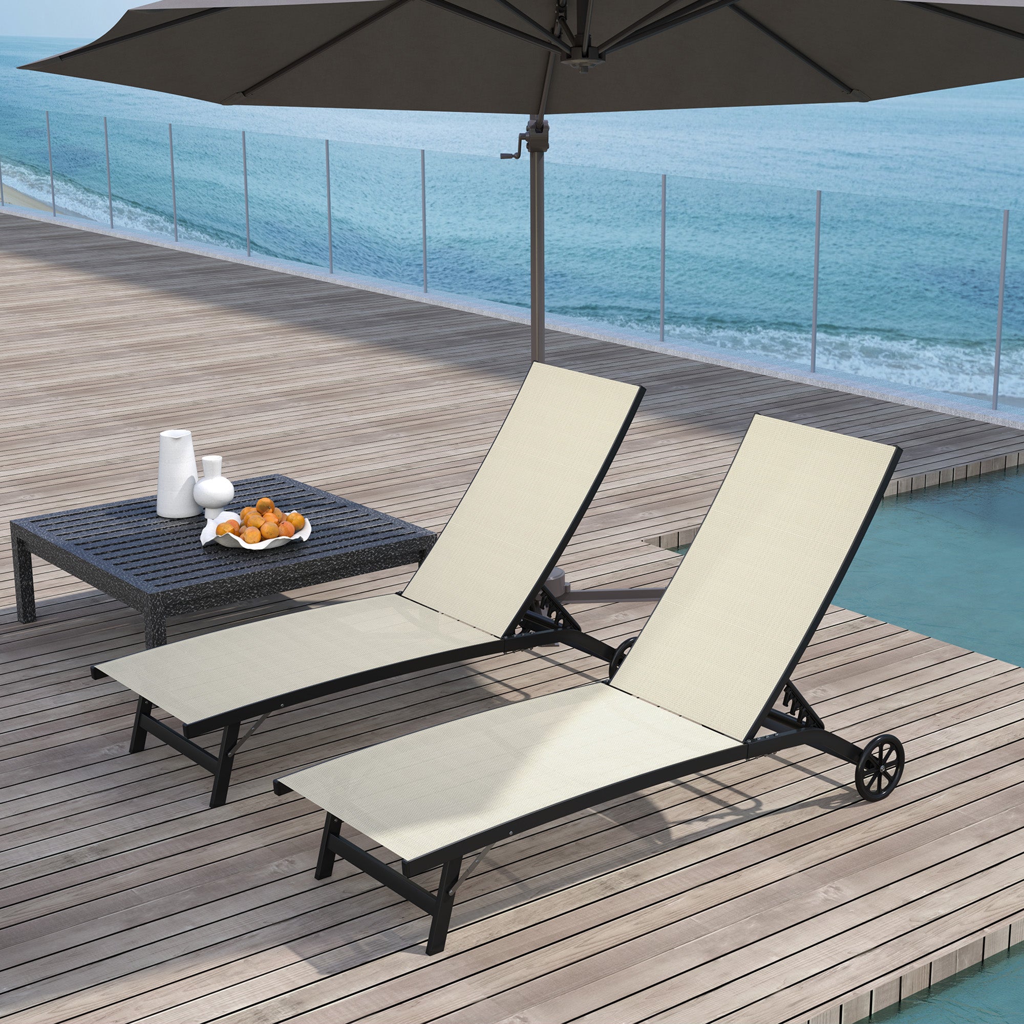 Set of 2 reclining sun loungers aluminum and textilene with wheels multi-position backrest max. load 150 kg khaki