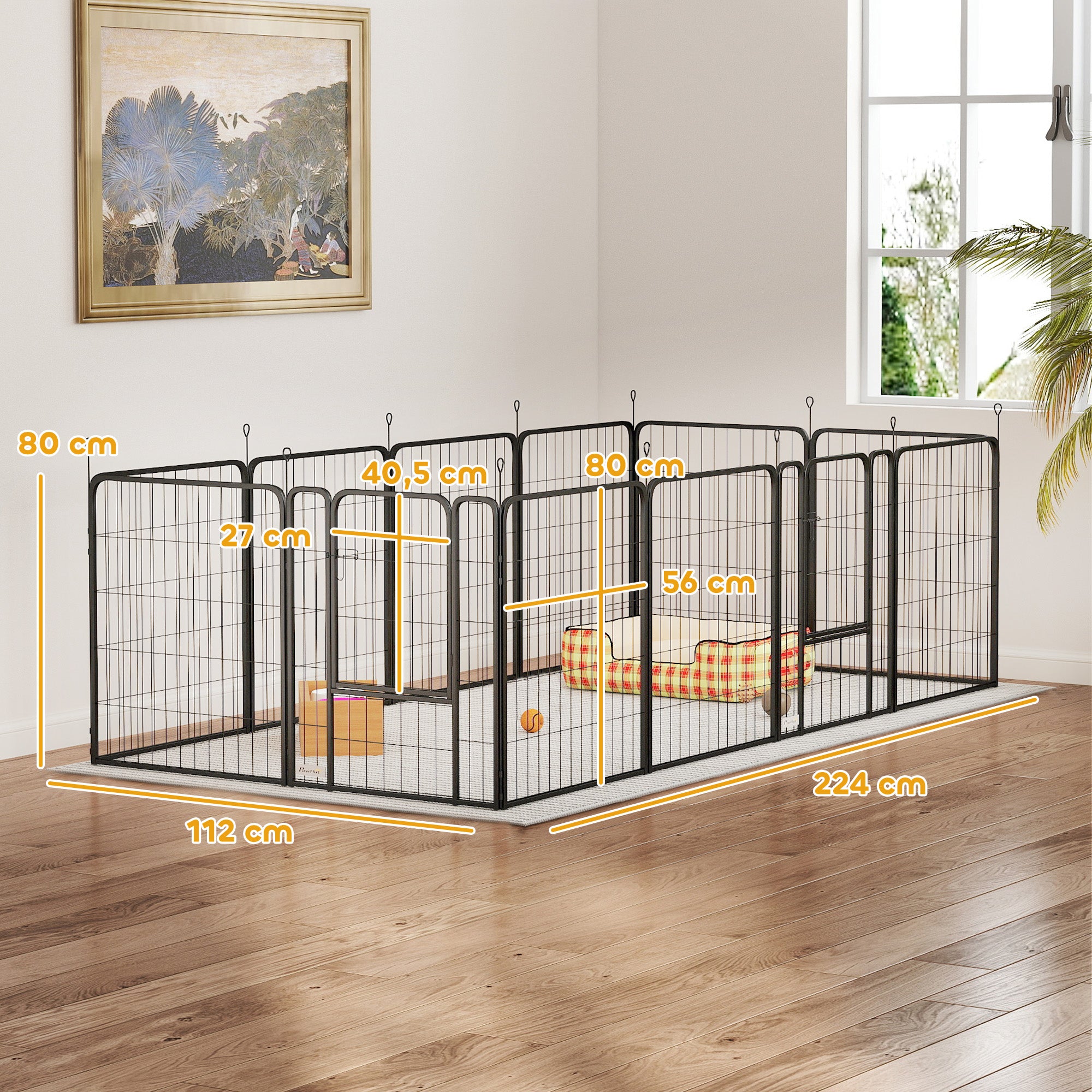 Dog Playpen, 12 Panel Modular and Foldable Dog Pen, Portable Steel Enclosure 80H cm with 2 Doors, Fence for Small and Medium Dogs, Indoor and Outdoor, Black