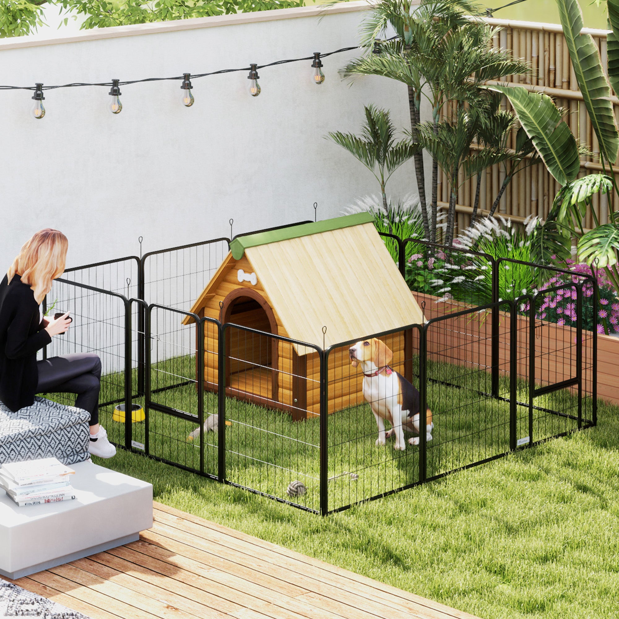 Dog Playpen, 12 Panel Modular and Foldable Dog Pen, Portable Steel Enclosure 80H cm with 2 Doors, Fence for Small and Medium Dogs, Indoor and Outdoor, Black
