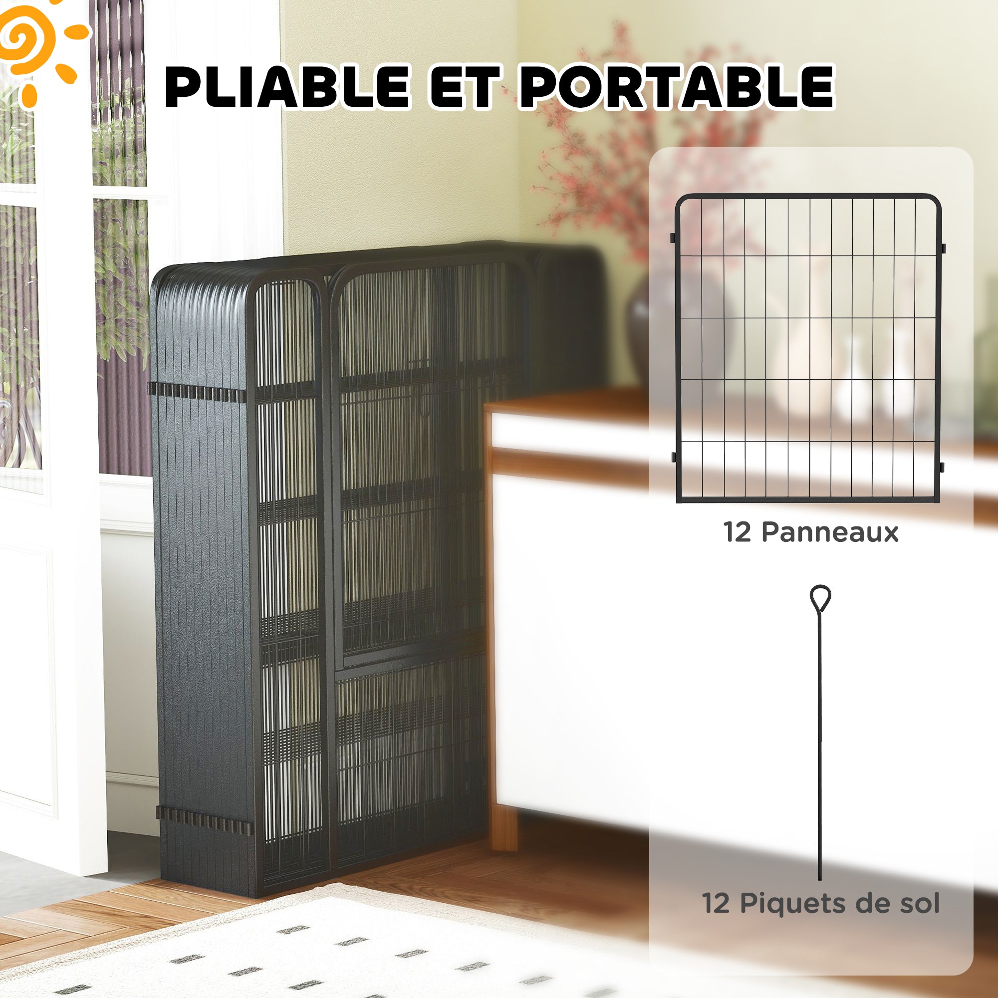 Dog Playpen, 12 Panel Modular and Foldable Dog Pen, Portable Steel Enclosure 80H cm with 2 Doors, Fence for Small and Medium Dogs, Indoor and Outdoor, Black