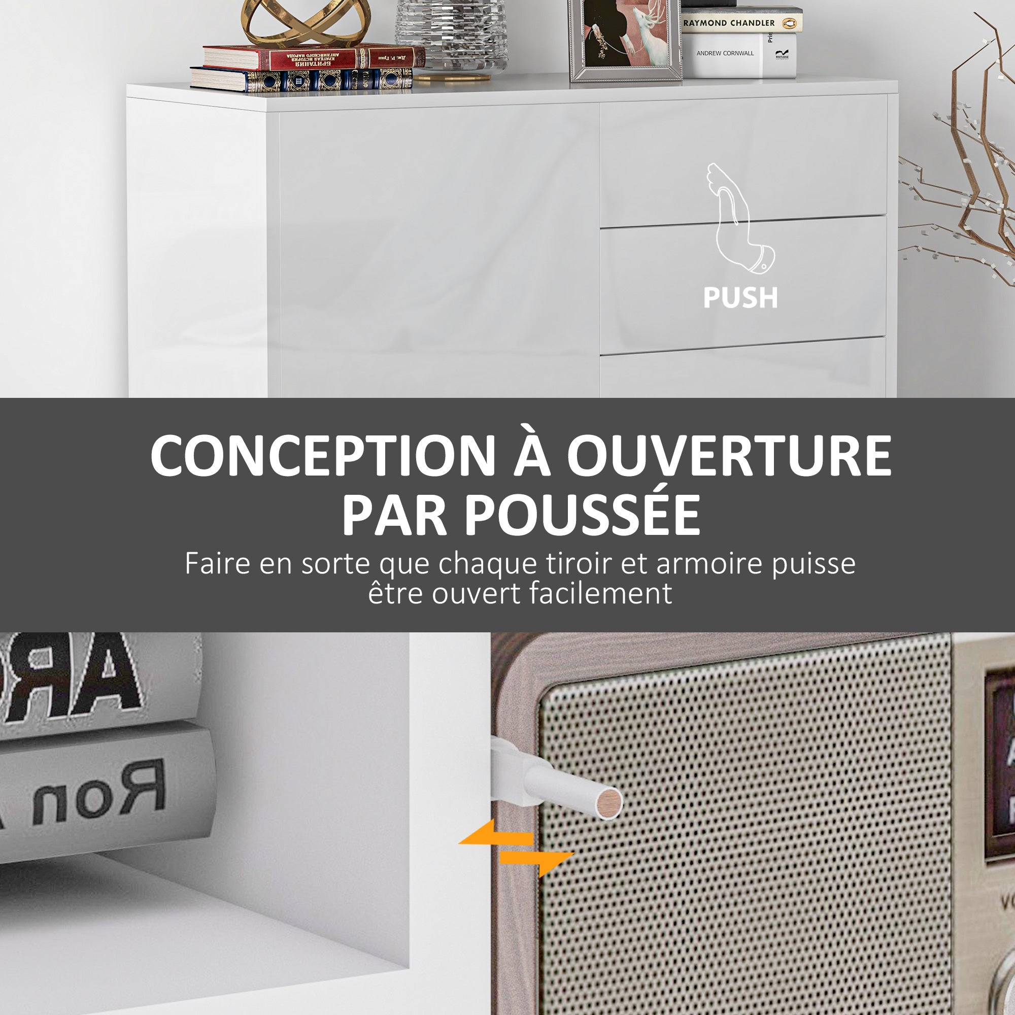 Storage cabinet buffet sideboard storage cabinet with 2 drawers and 2 door cabinets, adjustable shelves, for living room, kitchen, bedroom, 79 x 36 x 74 cm glossy white