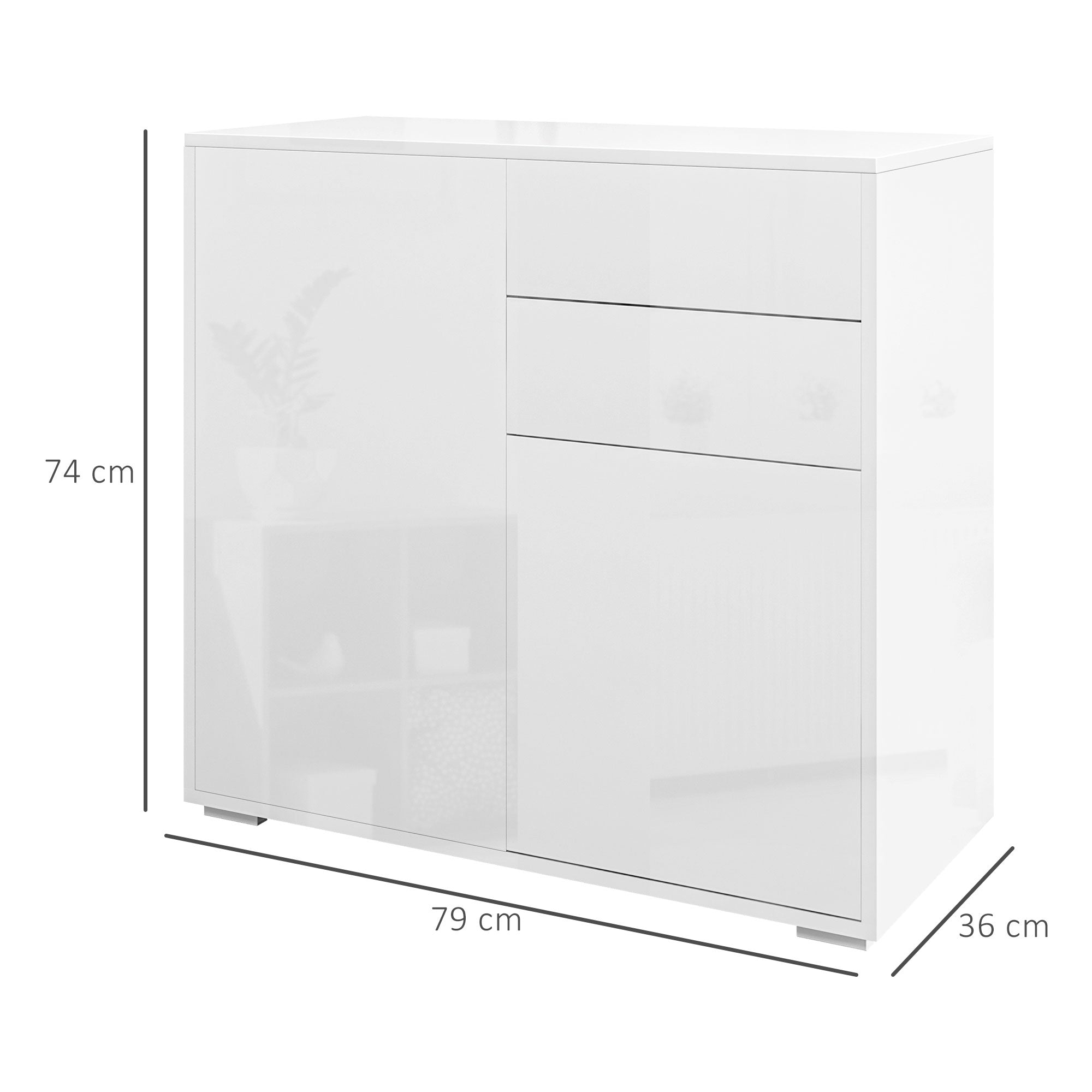 Storage cabinet buffet sideboard storage cabinet with 2 drawers and 2 door cabinets, adjustable shelves, for living room, kitchen, bedroom, 79 x 36 x 74 cm glossy white