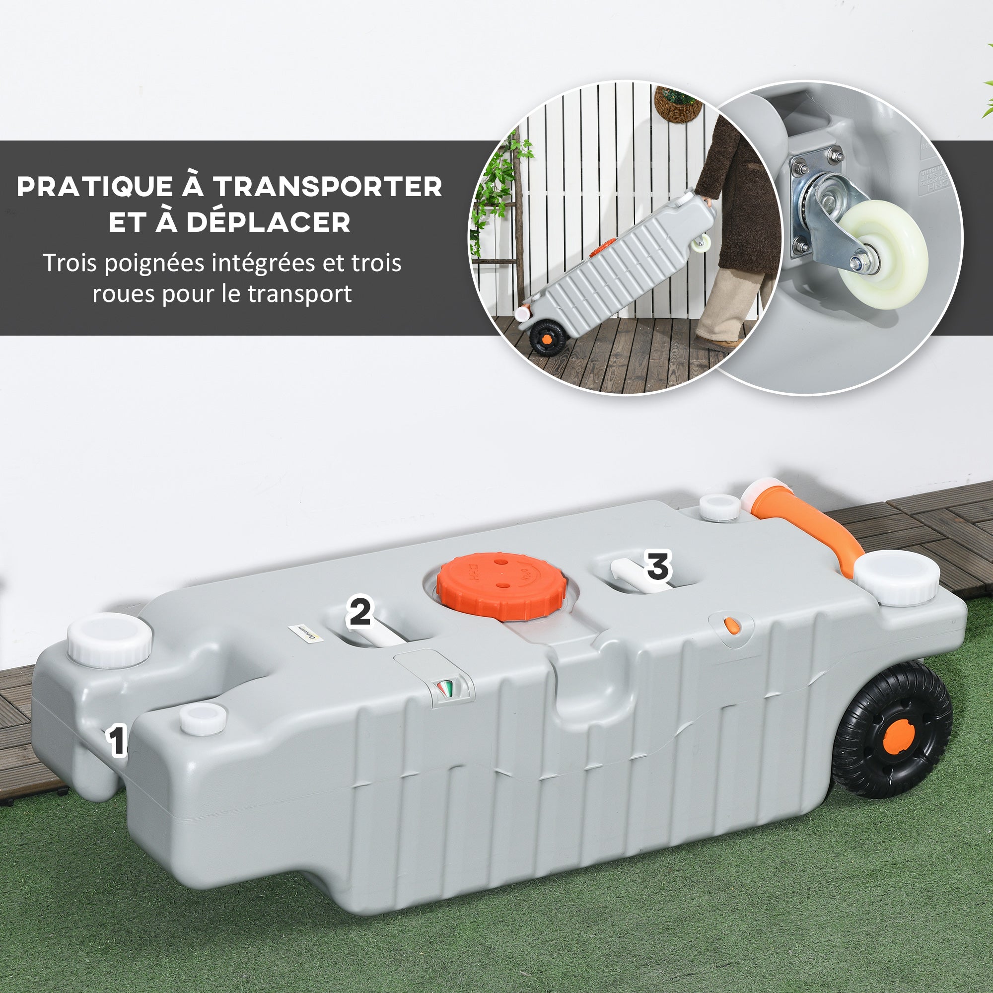 75-liter Portable Water Tank with Level Indicator, 3 Wheels, and Handle for Camping