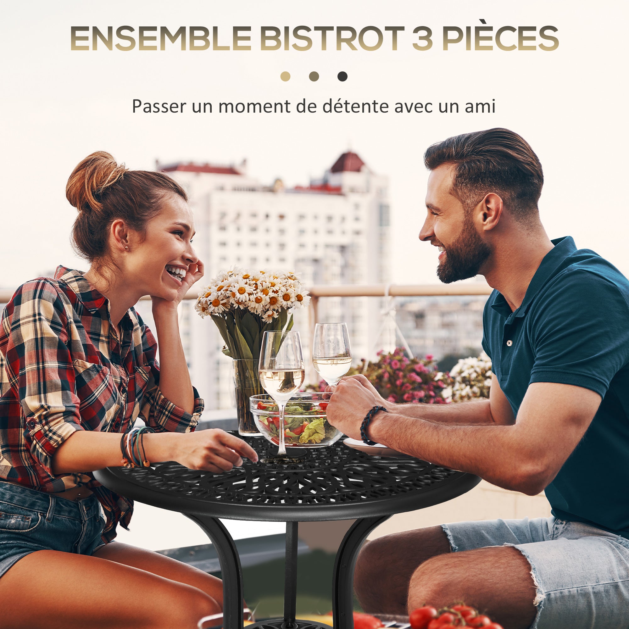 2-Seater Garden Set with 2 Chairs + Round Table in Retro Charm Style with Aluminum Cast, Black