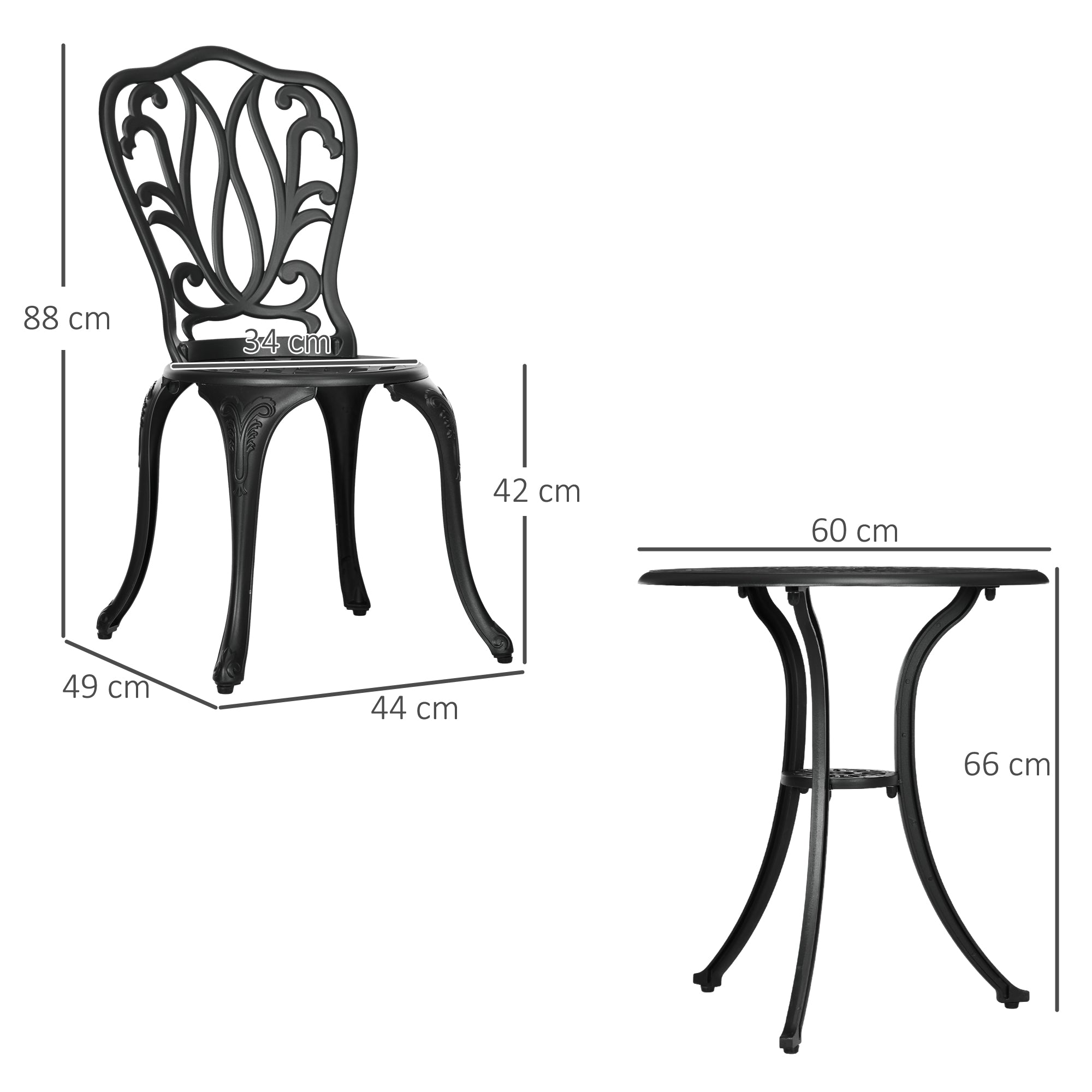 2-Seater Garden Set with 2 Chairs + Round Table in Retro Charm Style with Aluminum Cast, Black