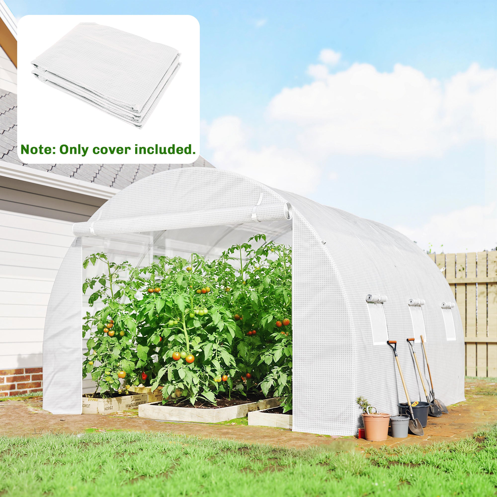 Replacement Tunnel Greenhouse Cover, 3 x 3 x 2 m (9.8 x 9.8 x 6.6 ft) — PE Waterproof, UV-Resistant, 6 Roll-Up Windows + Zip Roll Door, White