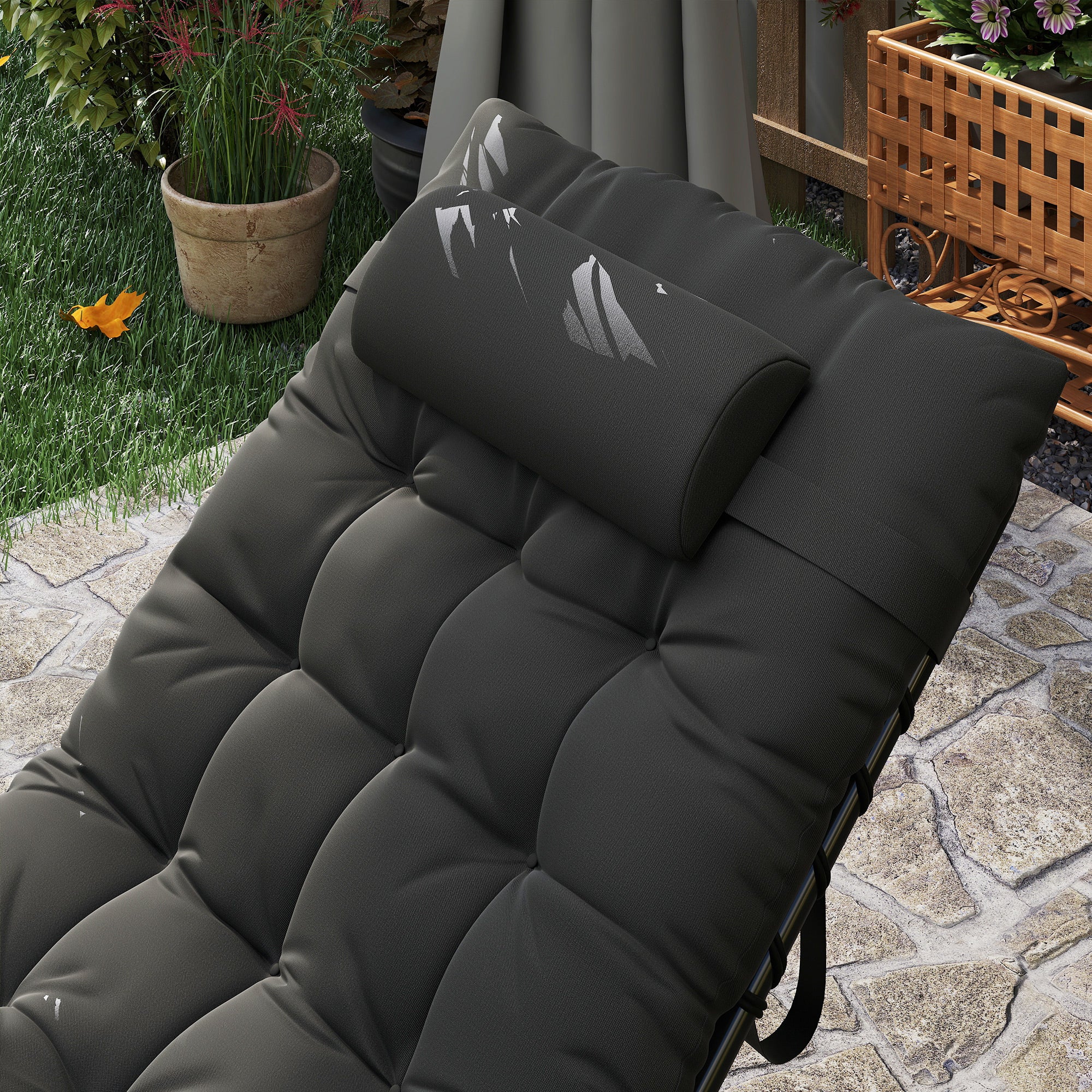 Sun Lounger, folding chaise longue with cushion, headrest, side pocket, textilene, reclining outdoor garden lounger for beach camping pool terrace 58 x 189 x 32.5 cm black