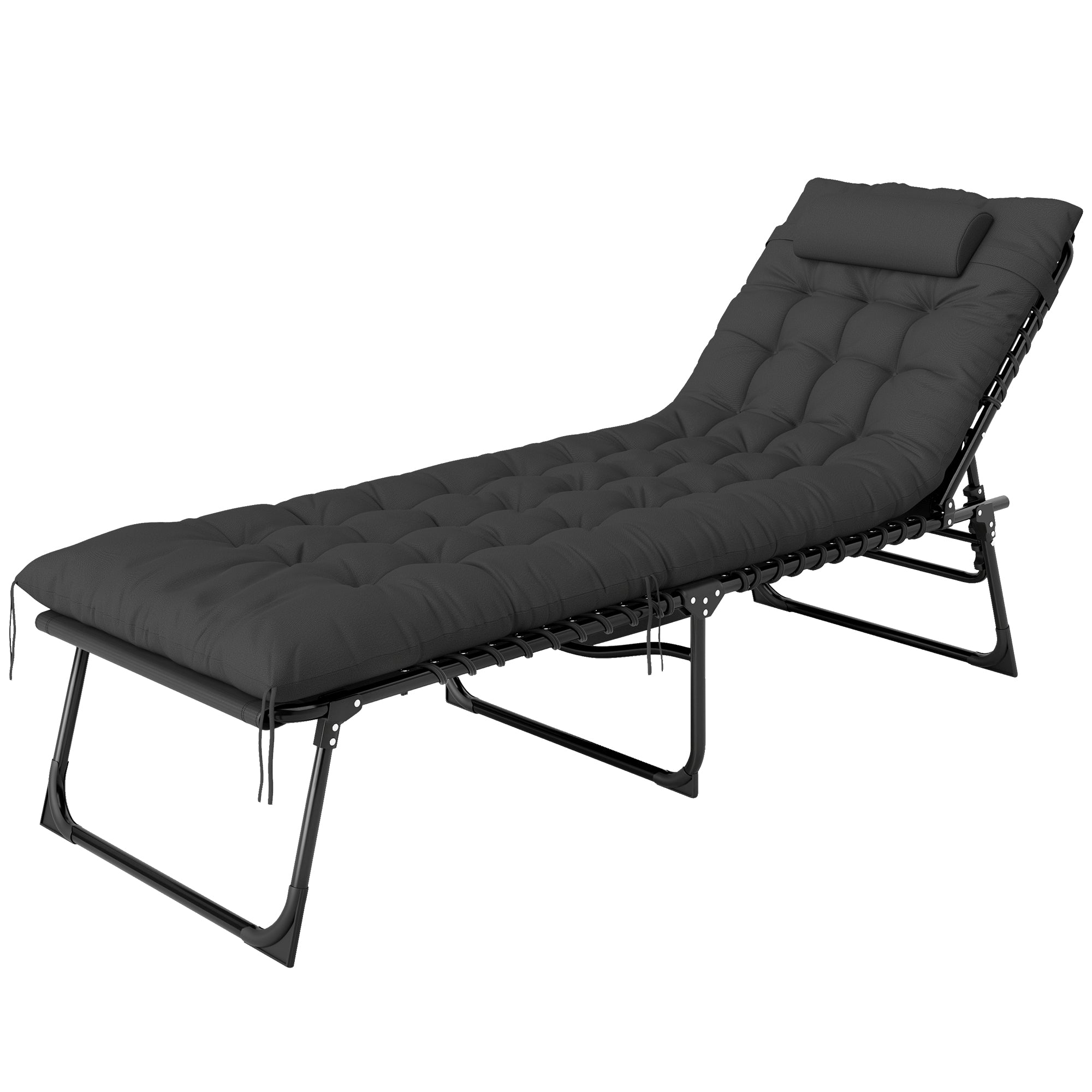 Sun Lounger, folding chaise longue with cushion, headrest, side pocket, textilene, reclining outdoor garden lounger for beach camping pool terrace 58 x 189 x 32.5 cm black
