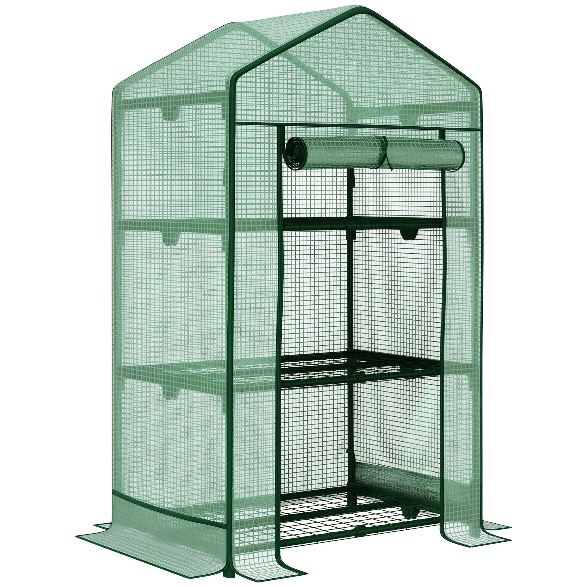 Mini Greenhouse Propagation Greenhouse with Film Cover and 3 Shelf Racks Roll-up Door Vegetable Bed