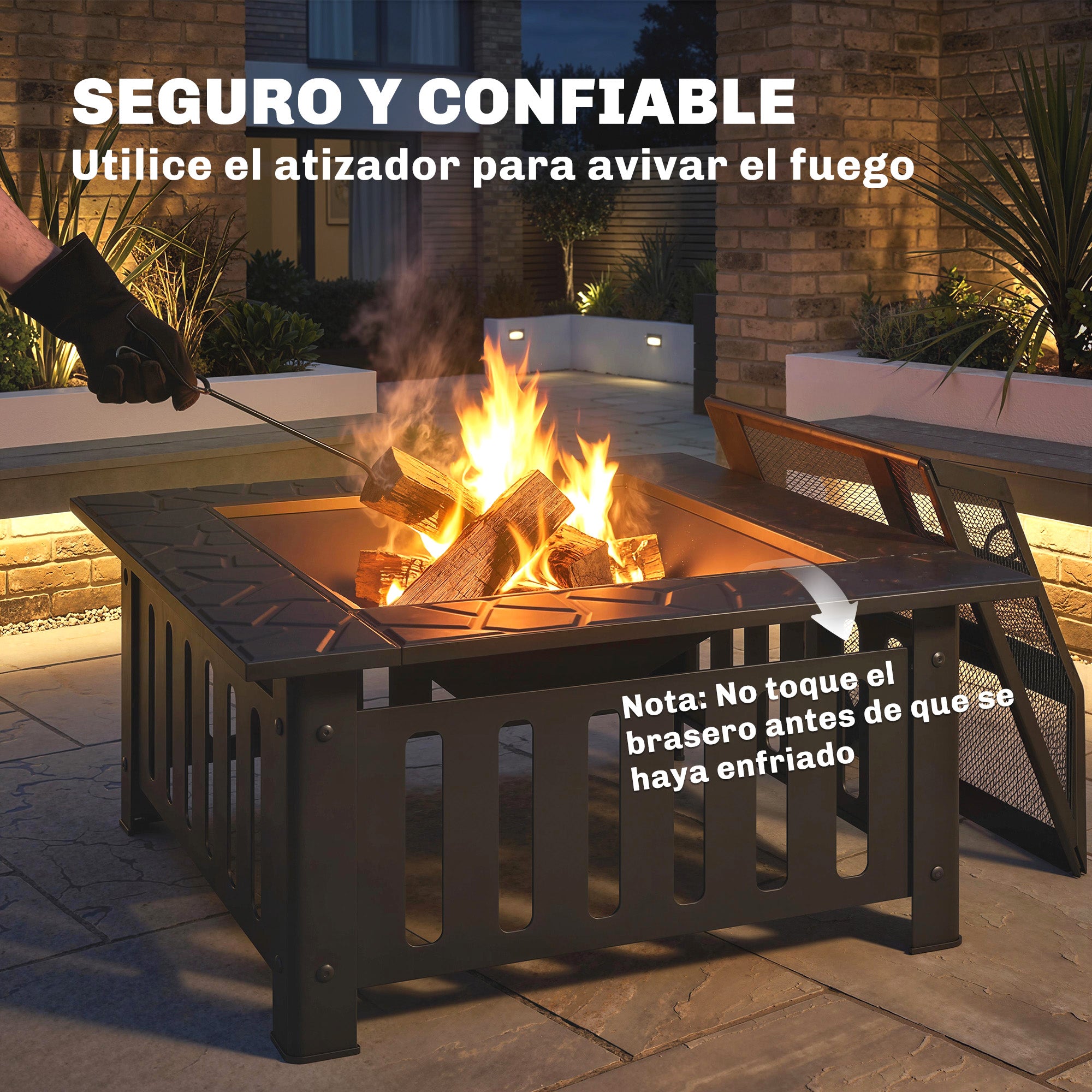 Square Steel Outdoor Fire Pit, 26.4 x 26.4 x 18.5 in, Patio Fire Pit with Poker & Mesh Cover, Black