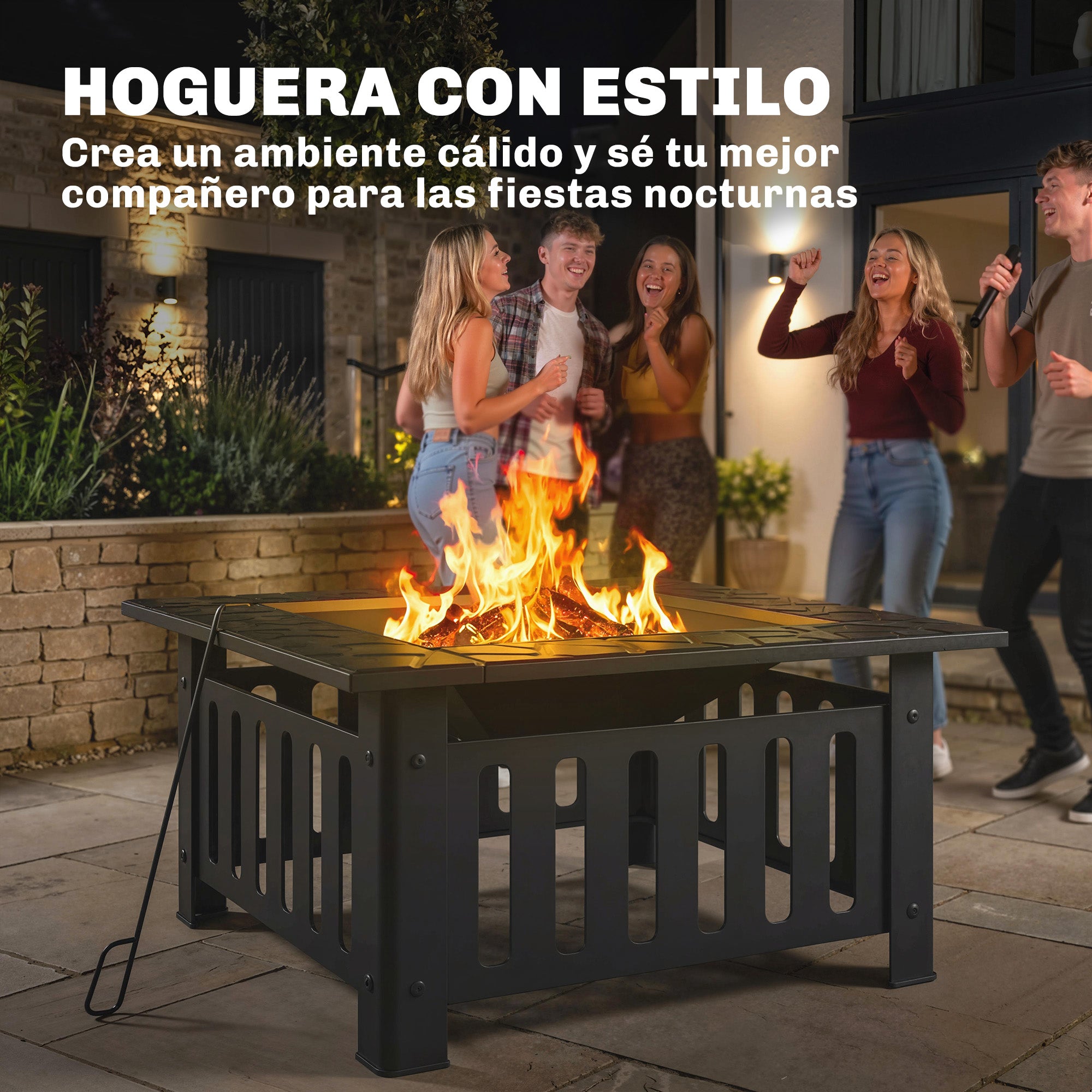 Square Steel Outdoor Fire Pit, 26.4 x 26.4 x 18.5 in, Patio Fire Pit with Poker & Mesh Cover, Black