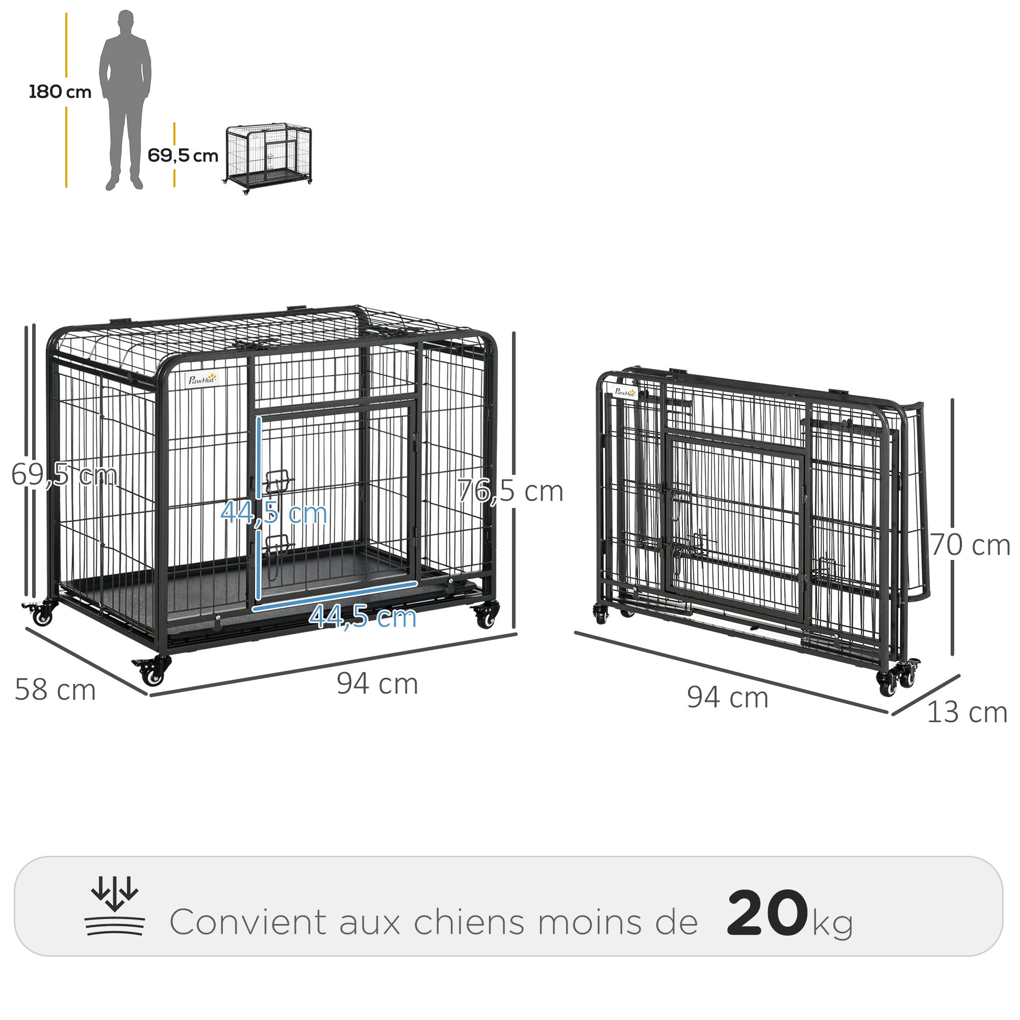 Foldable Dog Cage Transport Cage on Wheels 2 Lockable Doors Removable Tray 94L x 58W x 69.5H cm Metal Gray Black
