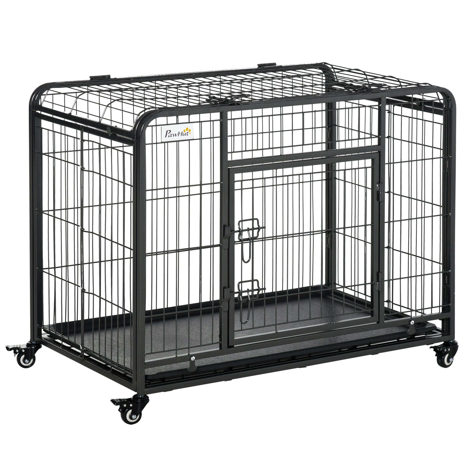 Foldable Dog Cage Transport Cage on Wheels 2 Lockable Doors Removable Tray 94L x 58W x 69.5H cm Metal Gray Black
