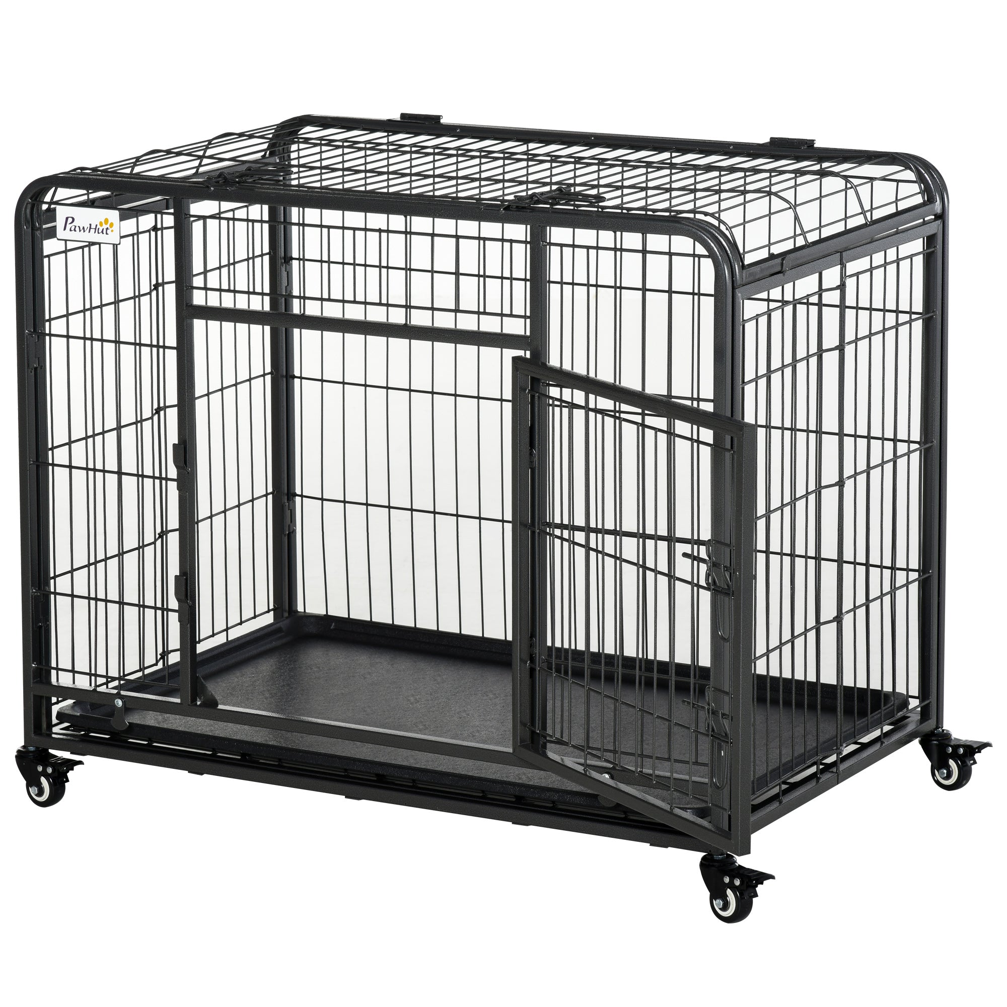 Foldable Dog Cage Transport Cage on Wheels 2 Lockable Doors Removable Tray 94L x 58W x 69.5H cm Metal Gray Black