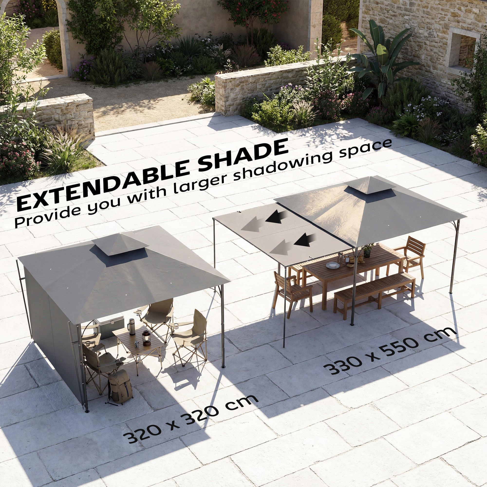 3.2 x 3.2 m (10.5 x 10.5 ft) Metal Garden Gazebo — Retractable Canopy, Double Roof, UPF 30+, Dark Gray