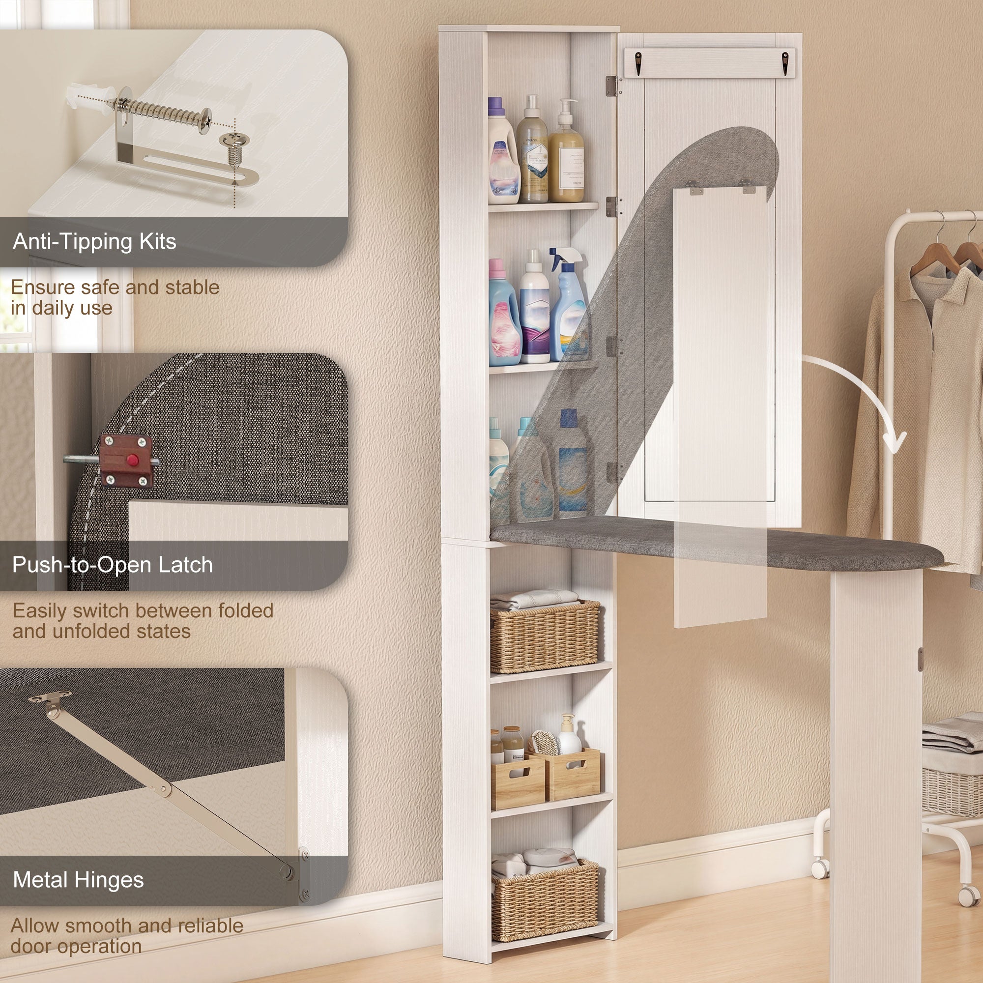 Foldable Ironing Board Cabinet with Door, Internal Shelves & Mirror — Space-Saving Ironing Station for Laundry Rooms or Small Spaces, 106 x 35 x 174 cm (41.7 x 13.8 x 68.5 in), White