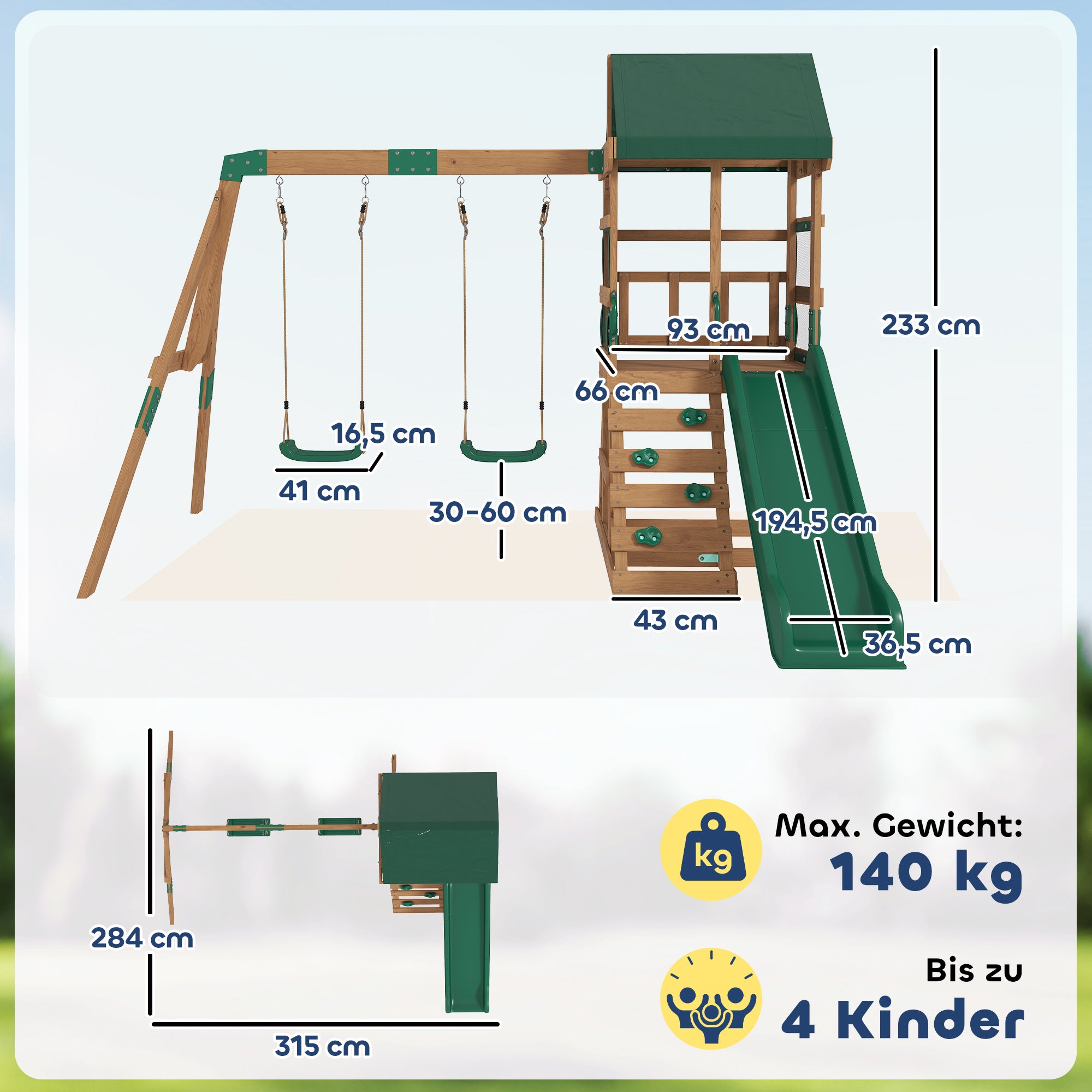 Spielturm Klettergerüst Schaukelgestell mit 194,5cm Rutsche, 2 Schaukeln, Kletterwand, überdachtem Oberdeck Outdoor Kinder Kletterturm aus Holz Spielhaus für 3-8 Jahre Kinder 315x284x233 cm
