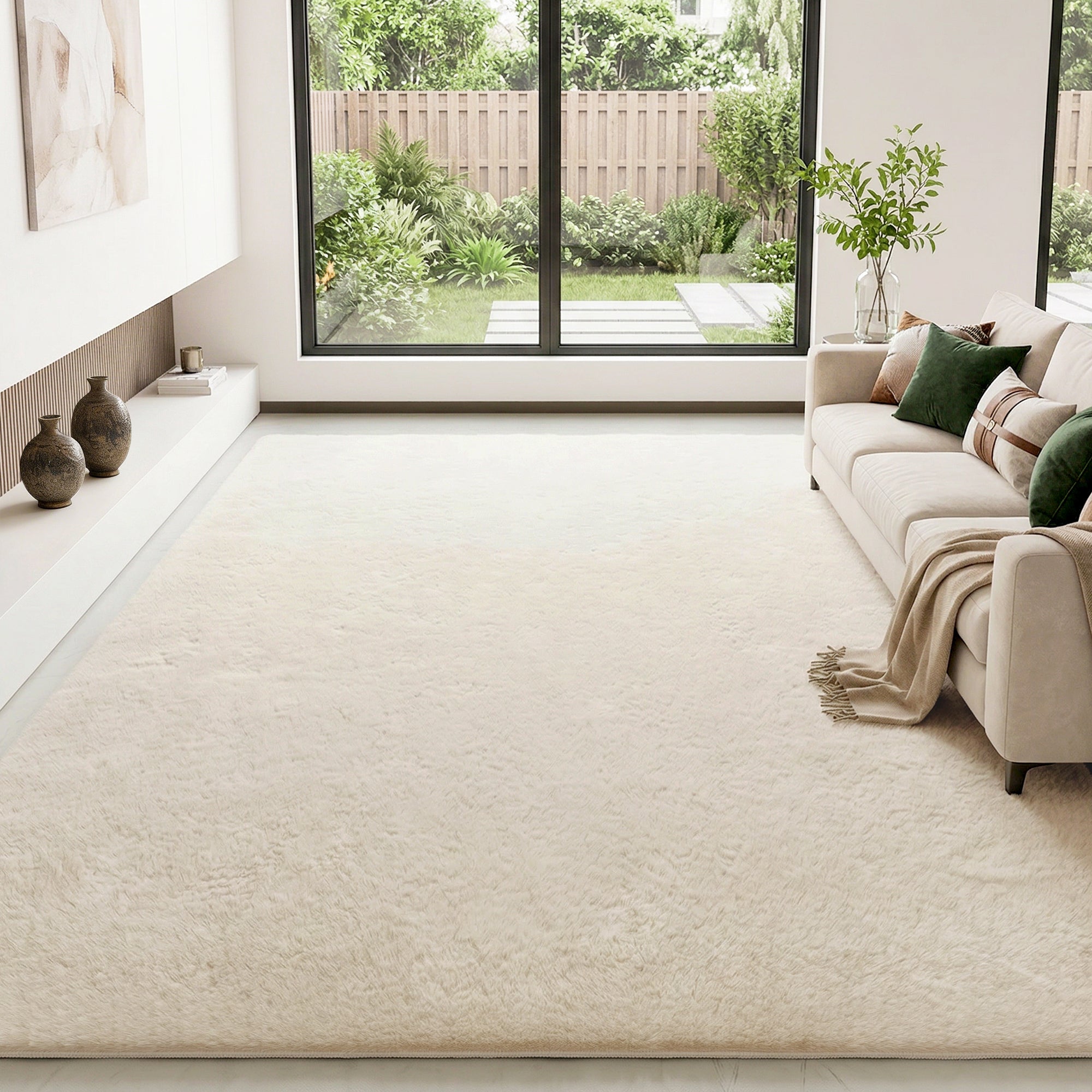 Long-Pile Washable Area Rug, 63 x 90.6 in (160 x 230 cm), Cream