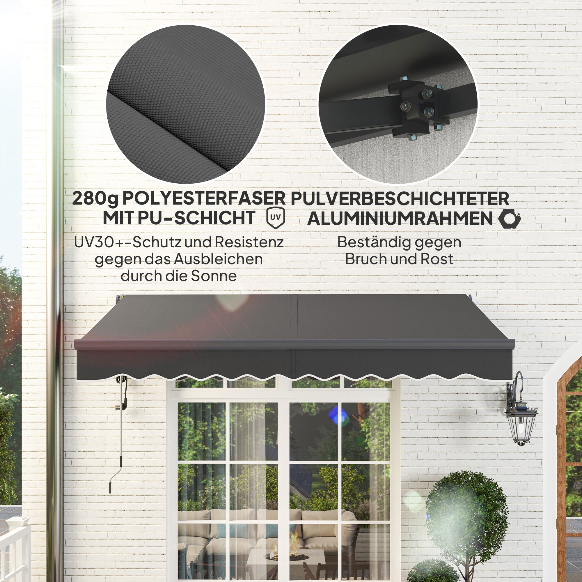 Retractable Arm Awning with Electric Crank Height Adjustable Awning Sun Protection UV 30+ Balcony Awning incl. Wall Mount Sun Awning 300cm wide for Terrace Balcony Dark Grey