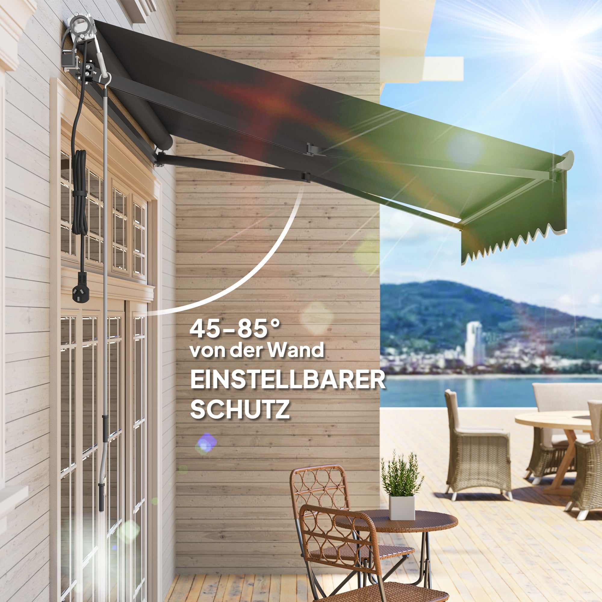 Retractable Arm Awning with Electric Crank Height Adjustable Awning Sun Protection UV 30+ Balcony Awning incl. Wall Mount Sun Awning 300cm wide for Terrace Balcony Dark Grey