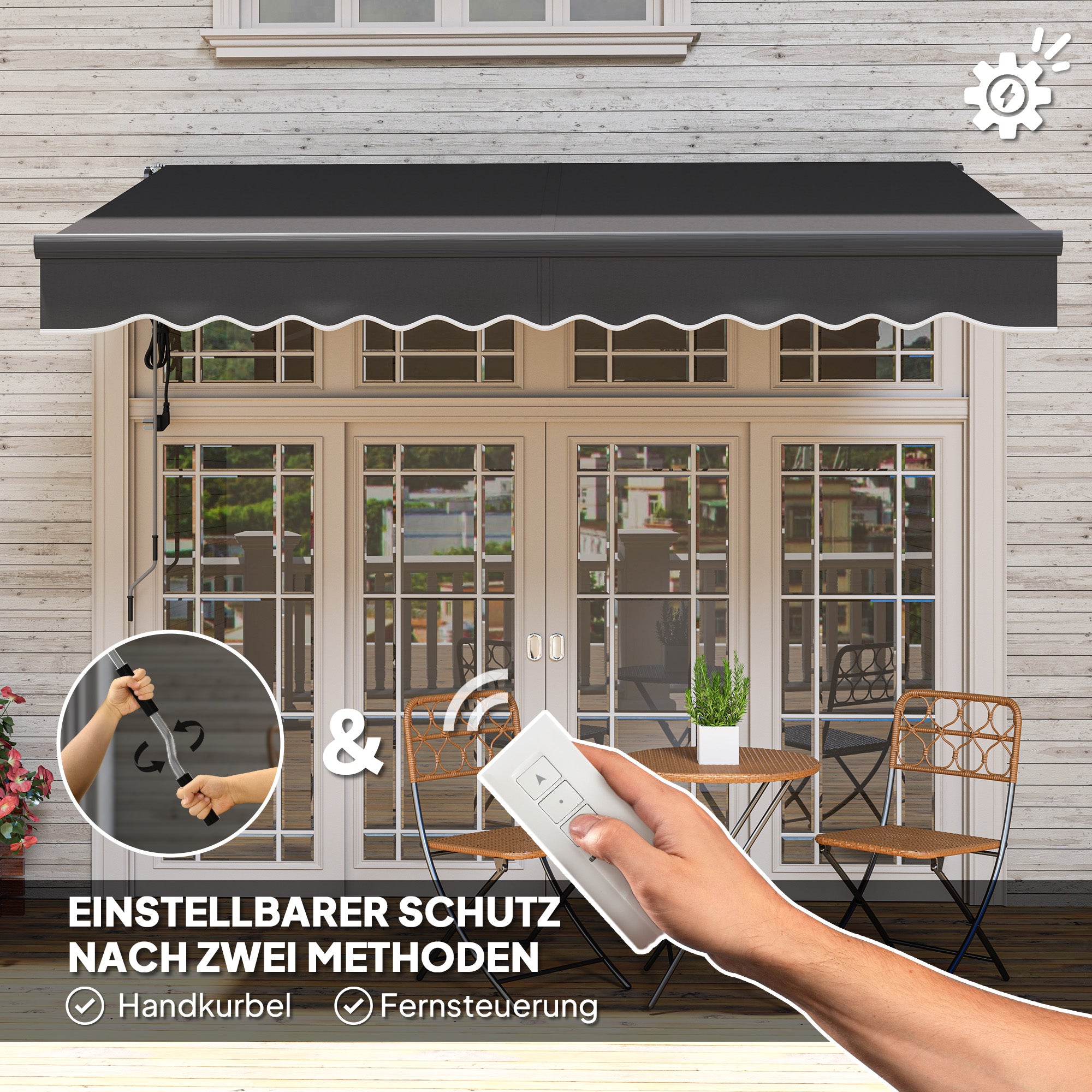 Retractable Arm Awning with Electric Crank Height Adjustable Awning Sun Protection UV 30+ Balcony Awning incl. Wall Mount Sun Awning 300cm wide for Terrace Balcony Dark Grey