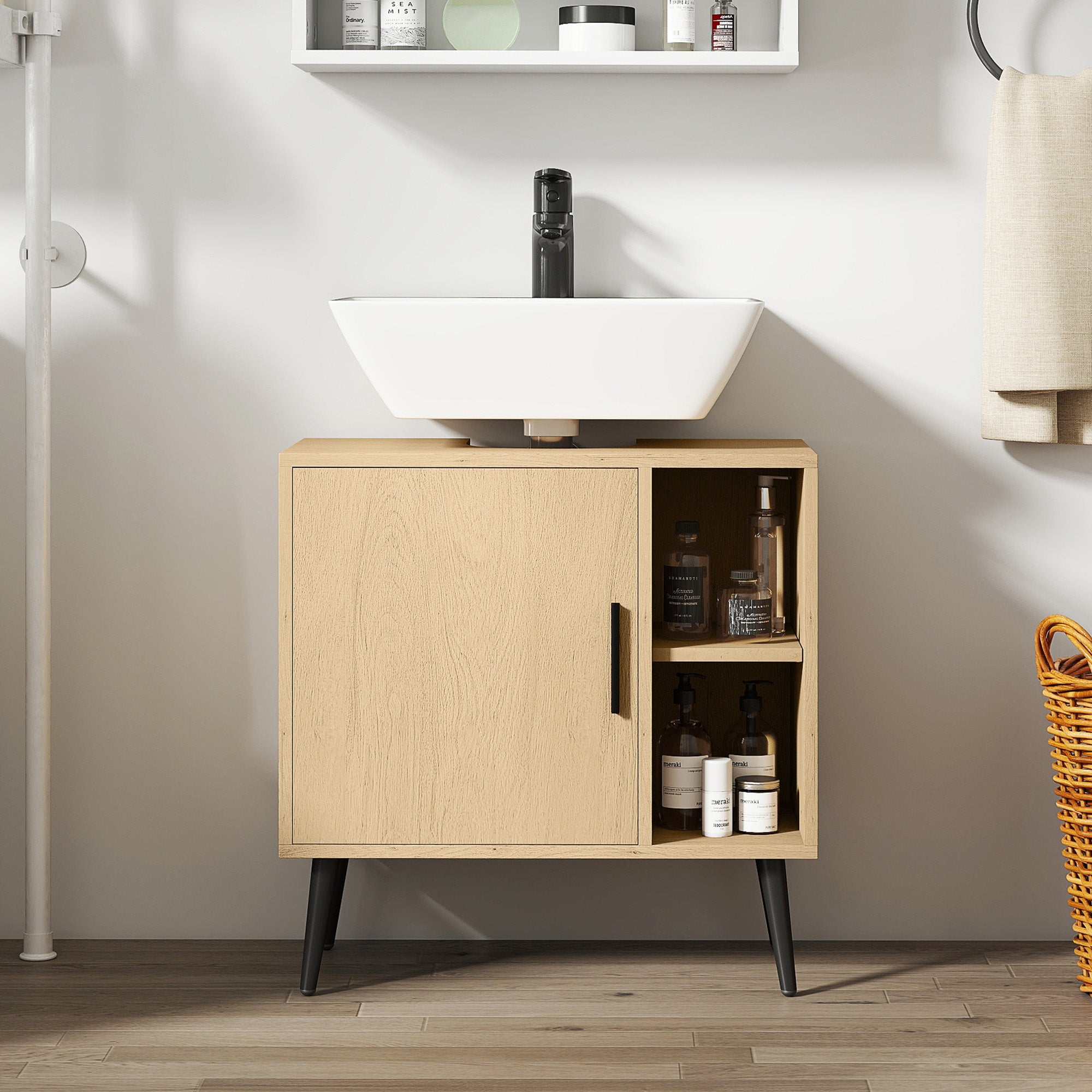 Bathroom Under Sink Cabinet, Industrial Vanity Unit with Soft-Closing Door and Adjustable Shelf, 60 x 30 x 59.5 cm, Oak