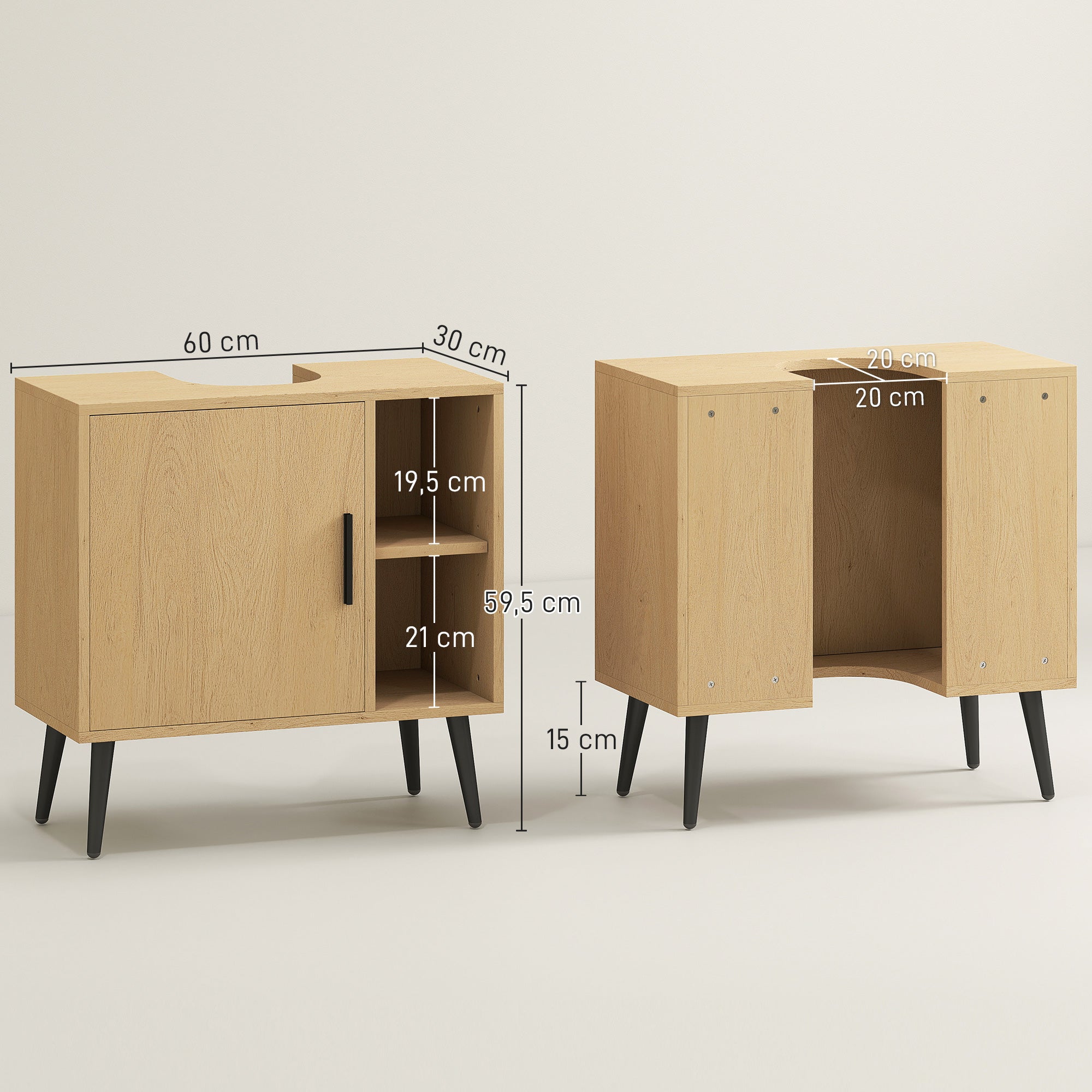 Bathroom Under Sink Cabinet, Industrial Vanity Unit with Soft-Closing Door and Adjustable Shelf, 60 x 30 x 59.5 cm, Oak